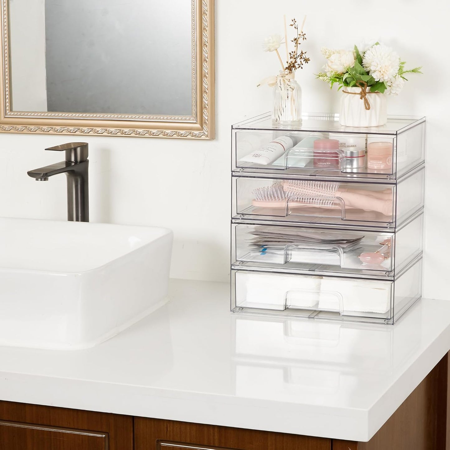 Vtopmart 3 Pack Stackable Clear Plastic Drawer Organizer, Makeup Organizers and Storage for Eyeshadow Palettes, Cosmetics, Beauty Supplies, Ideal for Vanity, Desk, Office, Bathroom Organization