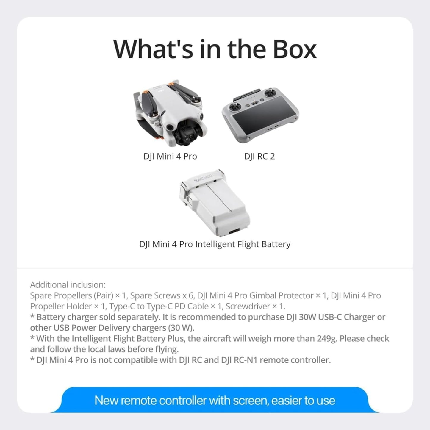 DJI Mini 4 Pro (DJI RC 2), Drones with Camera for Adults 4K, Under 0.549 lbs/249 g, 34 Mins Flight Time, 20km Max Video Transmission Distance, Omnidirectional Vision Sensing, Mini Drone for Beginners