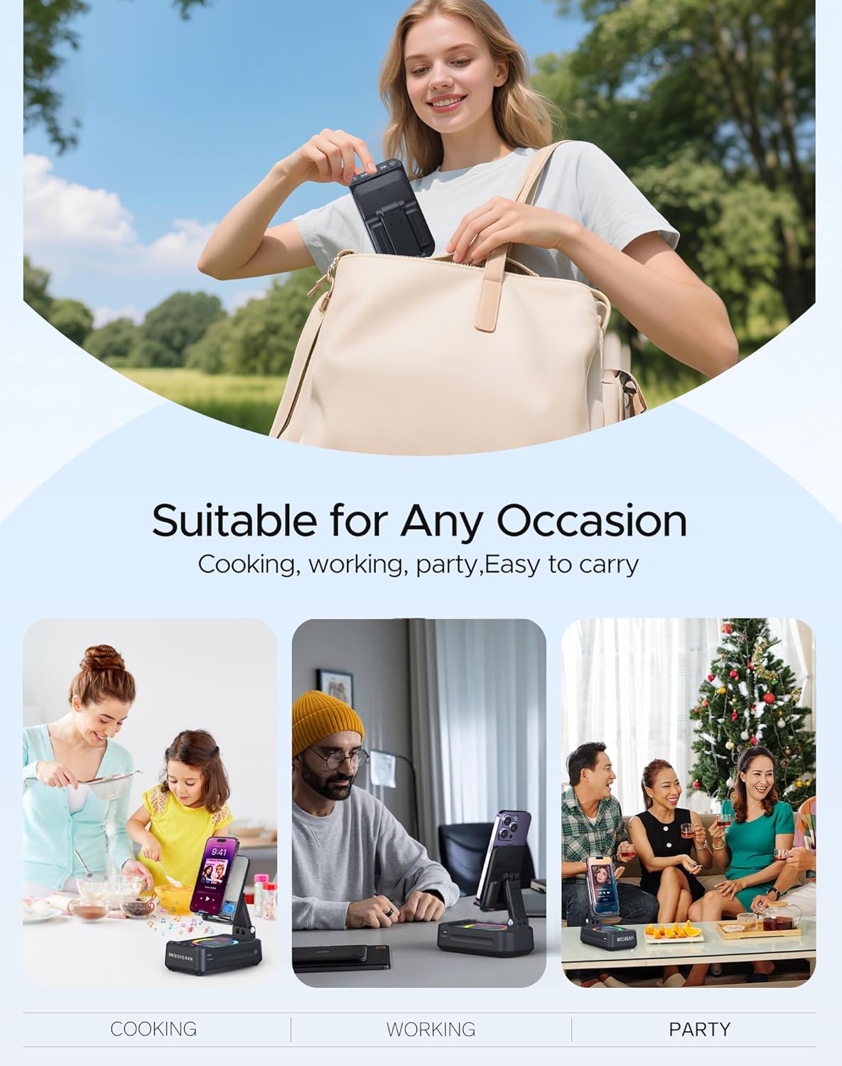 INSSISAIN Wireless Induction Bluetooth Speaker with Phone Stand – 5W Portable Stereo Speaker with RGB Lights, Bluetooth 5.3, Built-in Power Bank - PuriLite