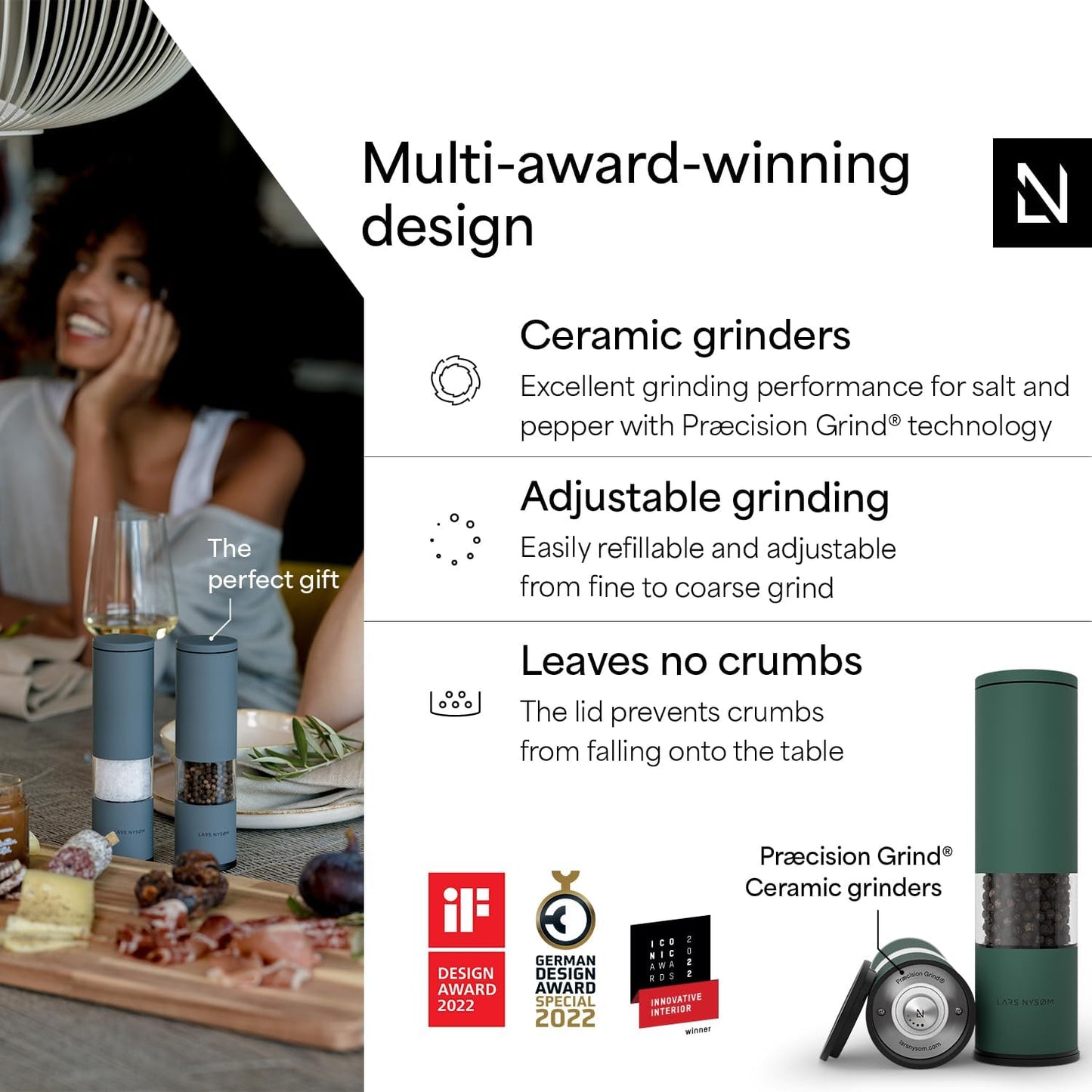 LARS NYSØM Salt and Pepper Mills Set Stainless Steel with Adjustable Ceramic Grinder 2 Pieces I Design Spice Mills Set Manual (Mustard Yellow)