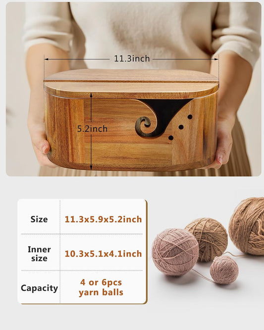 Oval Yarn Bowl, Crochet Yarn Holder with 9pcs Knitting Hooks, Yarn Storage Crochet Bowl Knitting Gift for Crocheters, Large Yarn Bowl Acacia Wooden 11.3x5.9x4.7inch (Acacia Yarn Bowl with Lid)