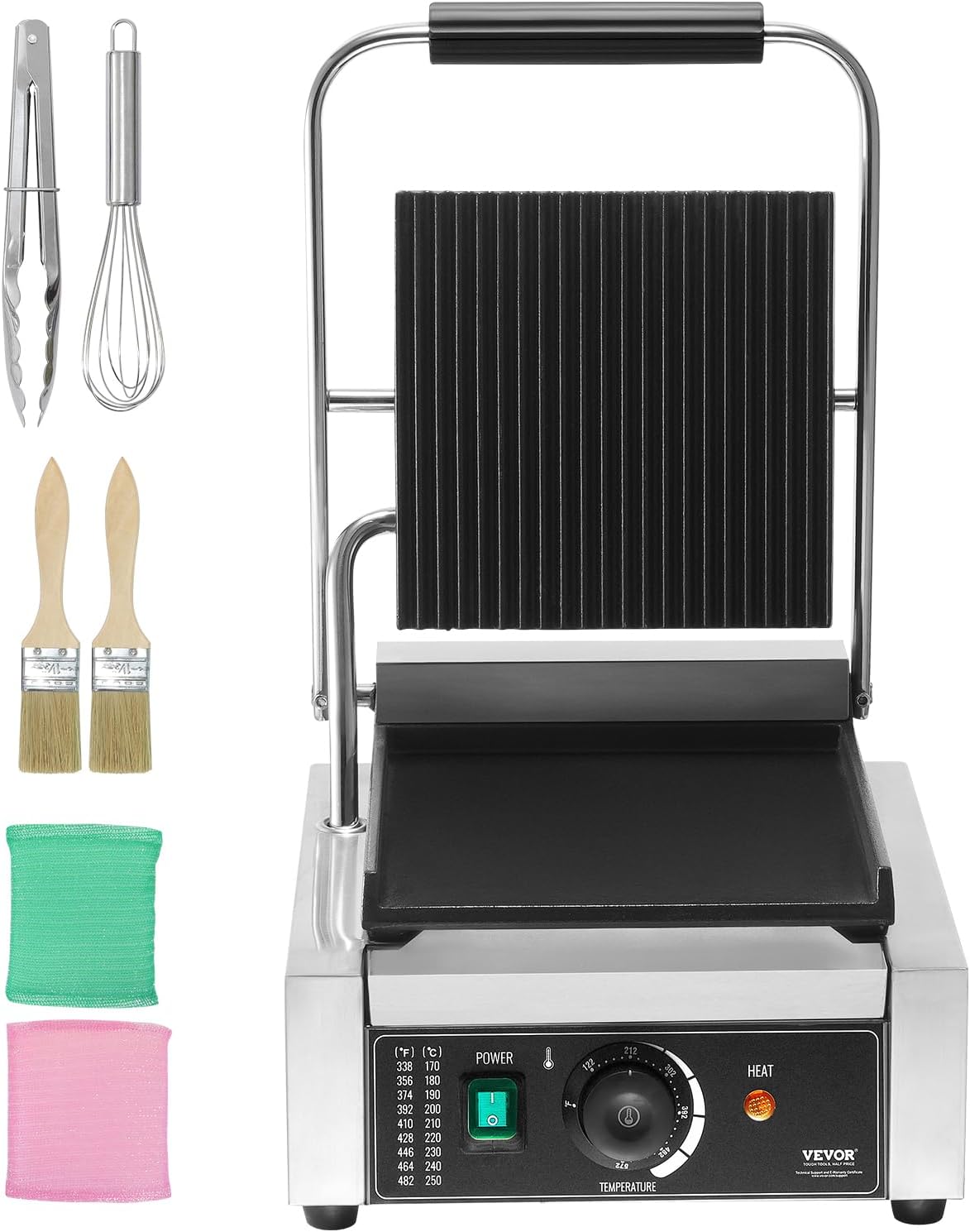 VEVOR 7 IN 1 Electric Contact Grill,1800W Indoor Panini Press Griddle,Stainless Steel Teppanyaki Grill with Nonstick&Removable Iron Plate, 0-446℉ Adjustable Temp Control,LCD Display,110V