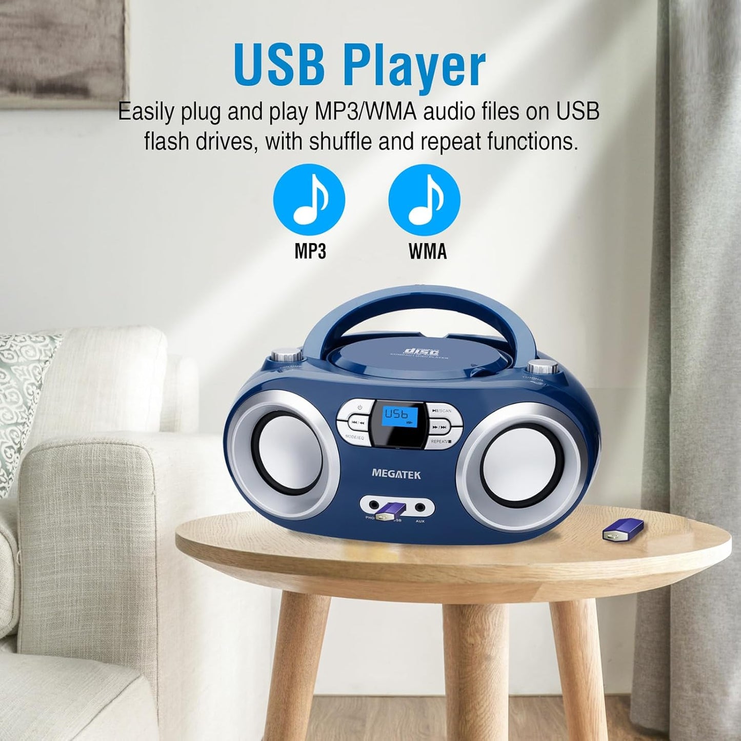 MEGATEK Portable CD Player Boombox with FM Radio, Bluetooth, USB Port, AUX Input, and Headphone Jack – CD-R/CD-RW/MP3-CD Compatible, Clear Stereo Sound, Backlit LCD Display – Black
