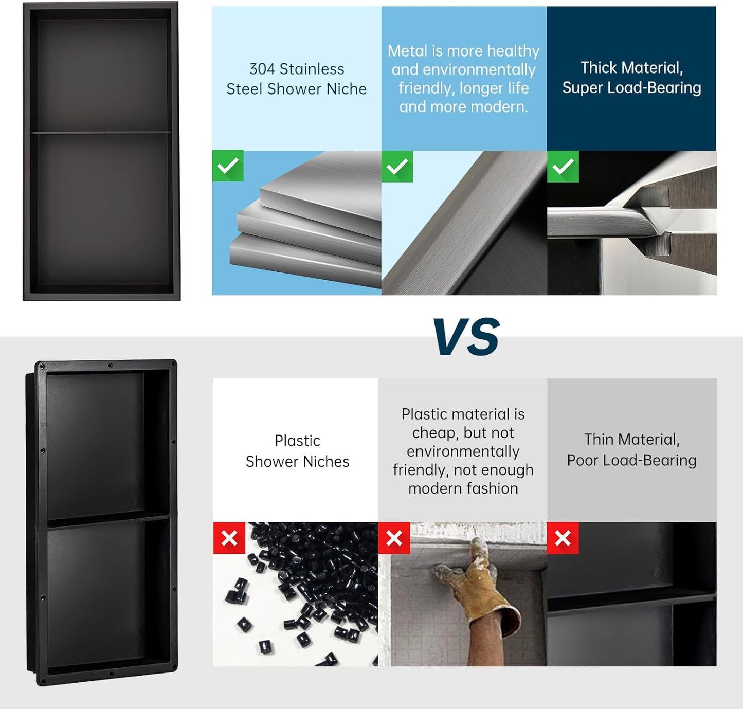 BLYLUND Shower Niche 12" x 24" NO Tile Needed,Matte Black Double Shelf Organizer, Square Corners Wall-Inserted Niche Recessed Shower Shelf Modern Soap Niche for Bathroom