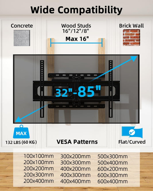 HOME VISION Full Motion TV Wall Mount for Most 32-85 inch TVs up to132 lbs, TV Mount Swivel and Tilt with Dual Articulating Arms, Wall Mount TV Bracket Max VESA 600x400mm, Fits 8" 12" 16" Wood Studs - PuriLite