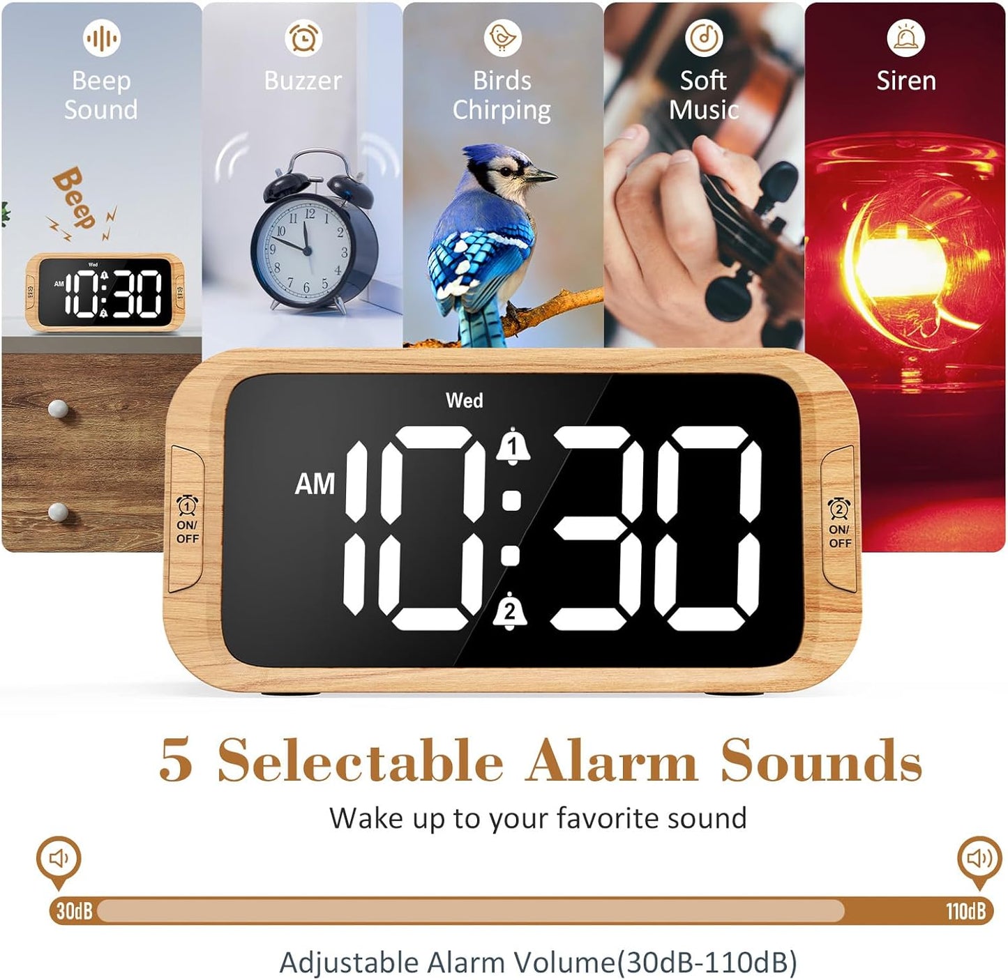Odokee Digital Dual Alarm Clock for Bedroom, Easy to Set, 0-100% Dimmer, USB Charger, 5 Sounds Adjustable Volume, Weekday/Weekend Mode, Snooze, 12/24Hr, Battery Backup, Compact Clock for Bedside(Blue)