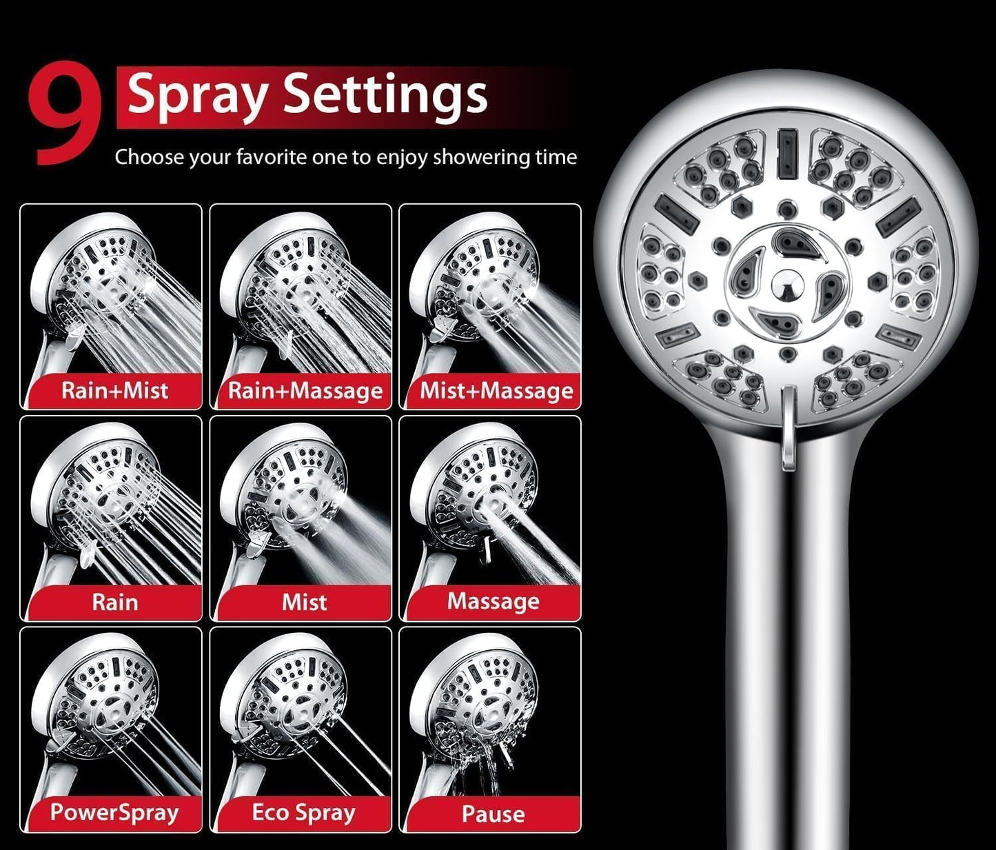 2.5 GPM High Pressure Shower Head: GRICH 8.7 Inch Black Shower Heads with Hand Held Spray 2-in-1 Combo, 9-Settings Handheld Shower Head & Adjustable Rain Shower Head with Hose 60'', Anti-Clog Nozzles