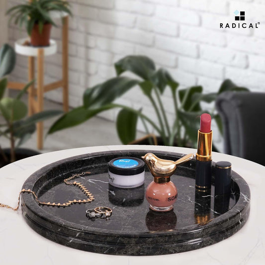 RADICALn Serving Tray Black Handmade Marble 10" Round Jewelry Holder for Home Decor - Decorative Tray Perfume Organizer - Bathroom Tray for Bathroom Organizer Countertop - PuriLite