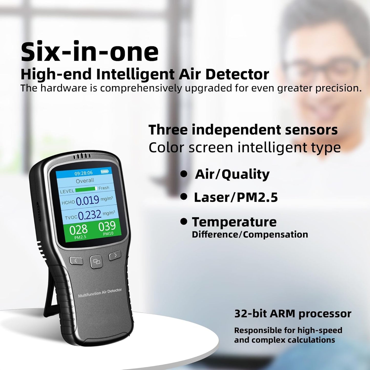 Air Quality Tester, 8 in 1 Air Quality Monitor Indoor,Formaldehyde Detector, voc Meter, Detect Indoor HCHO,TVOC,AQI,PM2.5,PM10,PM1.0,Temperature and Humidity Tester (Black)