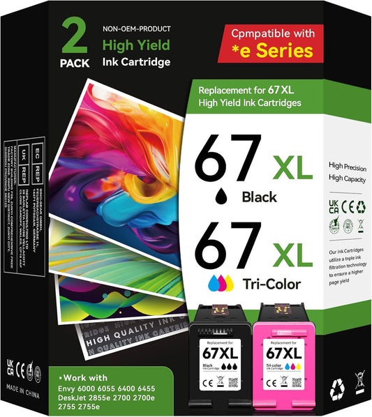 67XL Ink Cartridge Black/Color Combo Pack Replacement for HP Ink 67 67XL, for HP 67 Ink Cartridge, Fit for Envy 6000 6055 6400 6455 DeskJet 2855e 2700 2700e 2755 2755e 2752 4152 2755 4155e Printer