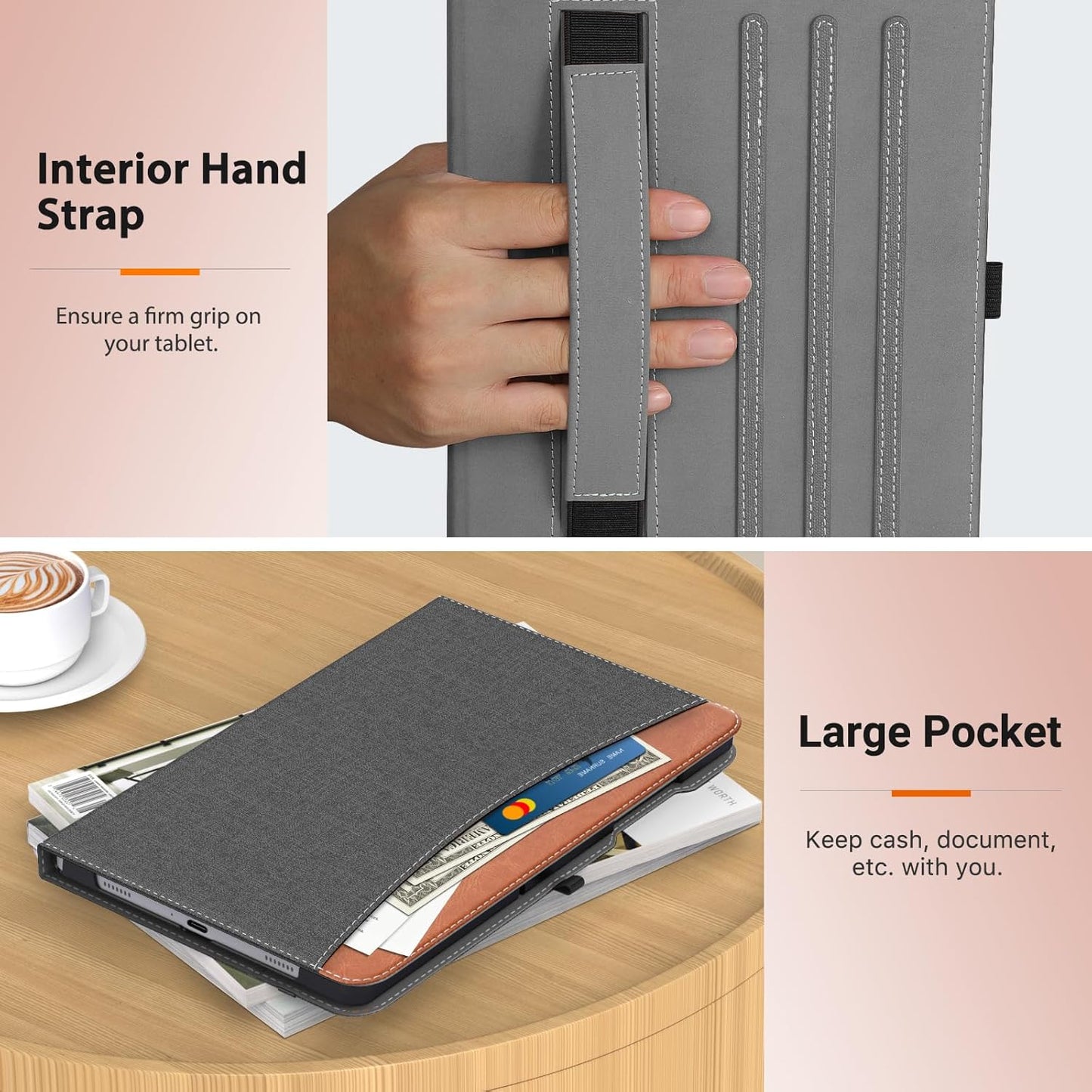 MoKo Case for Samsung Galaxy Tab A9 Plus 11" 2023 (SM-X210/SM-X216/SM-X218), PU Leather Multi-Angle Viewing Folding Stand Cover Case with Hand Strap, Front Pocket, Auto Wake/Sleep, Denim Blue & Brown
