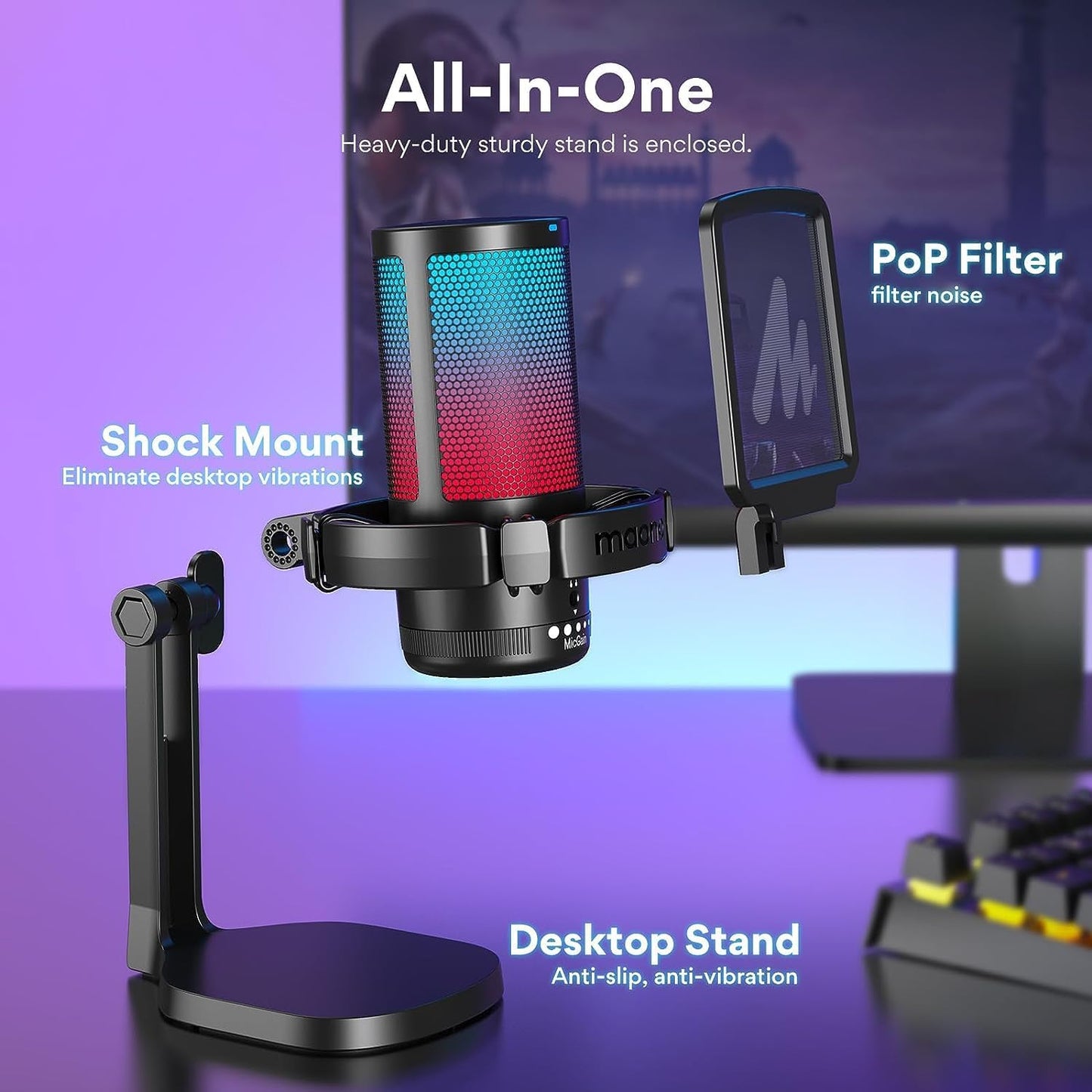 MAONO Gaming USB Microphone, Noise Cancellation Condenser mic with Mute, Gain, Monitoring, Boom Arm for Streaming, Podcast, Vocal, Twitch, YouTube, Discord, PC, Computer, PS4, PS5, Mac, DGM20S