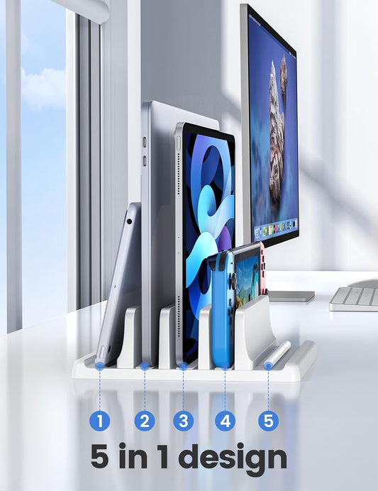 VAYDEER 3-Slot Vertical Laptop Stand Desk Organizer – Adjustable Space-Saving Holder for Laptops, Tablets & Phones, 5-in-1 Design