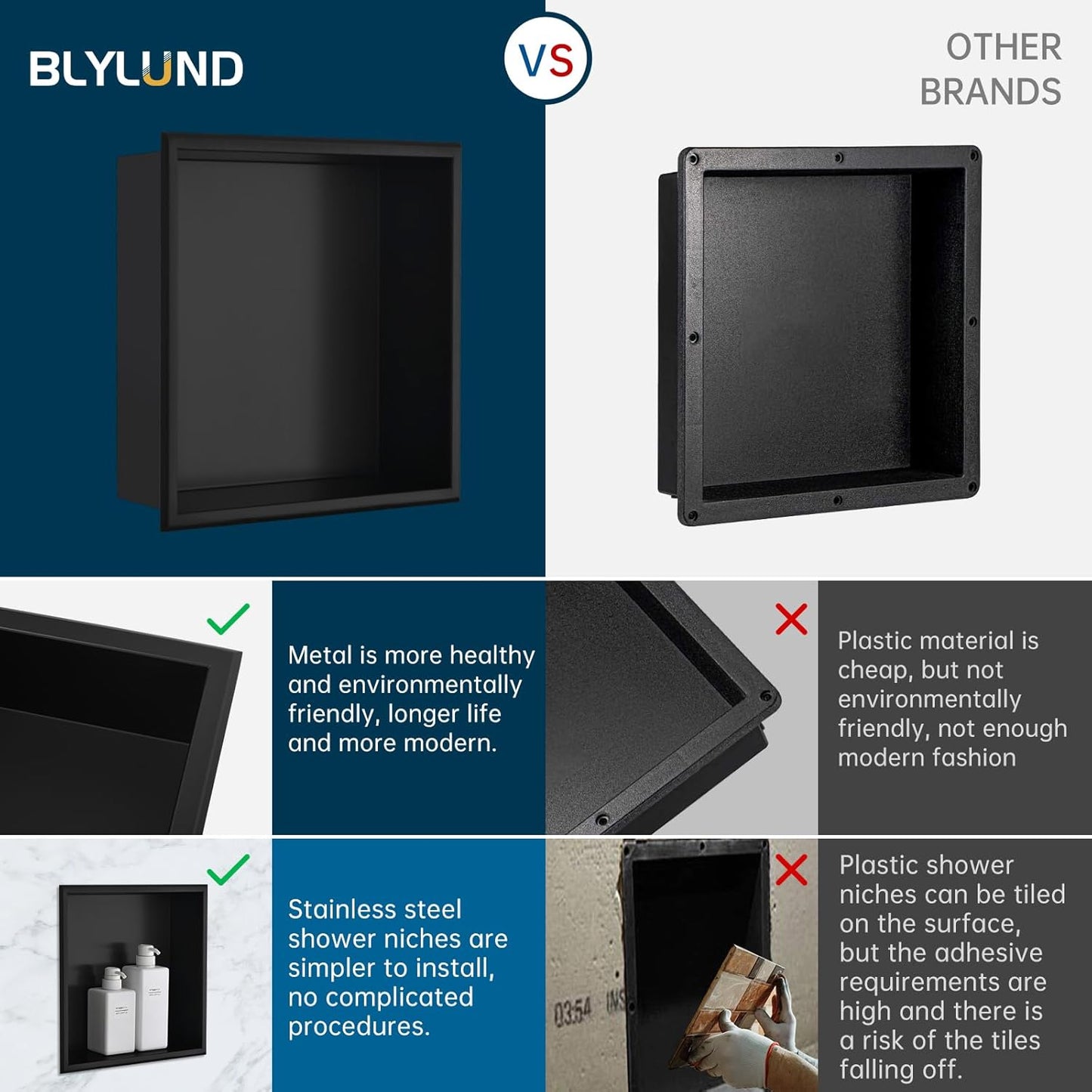 BLYLUND Shower Niche 12" x 24" NO Tile Needed,Matte Black Double Shelf Organizer, Square Corners Wall-Inserted Niche Recessed Shower Shelf Modern Soap Niche for Bathroom