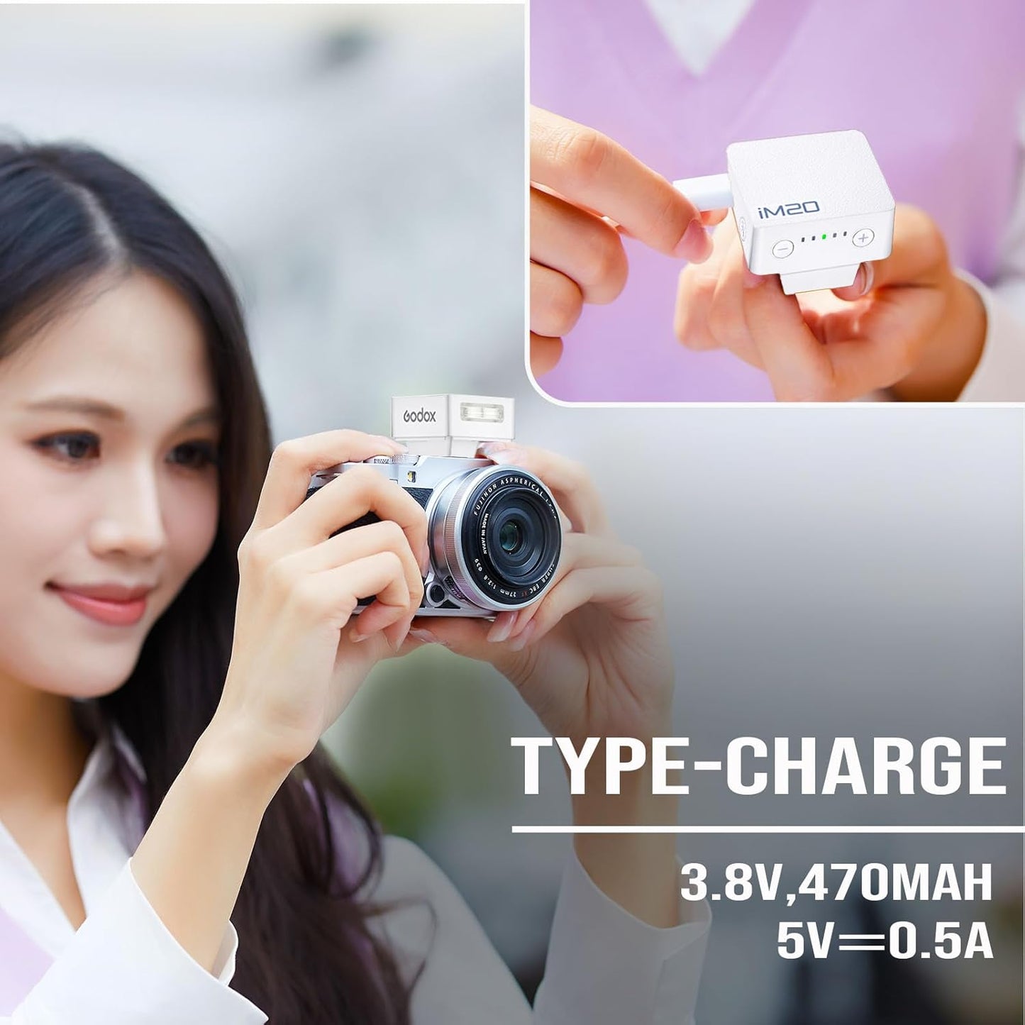 Godox Flash Godox iM20 Camera Flash - godox iM20 Mini Flash Manual 440 Full-Power Flashes/3s Recycle/5 Power Levels, Camera Flash for Sony zve10/Sony zv1/Sony a7iii/Ricoh gr3/Fujifilm f1 etc. (Black)