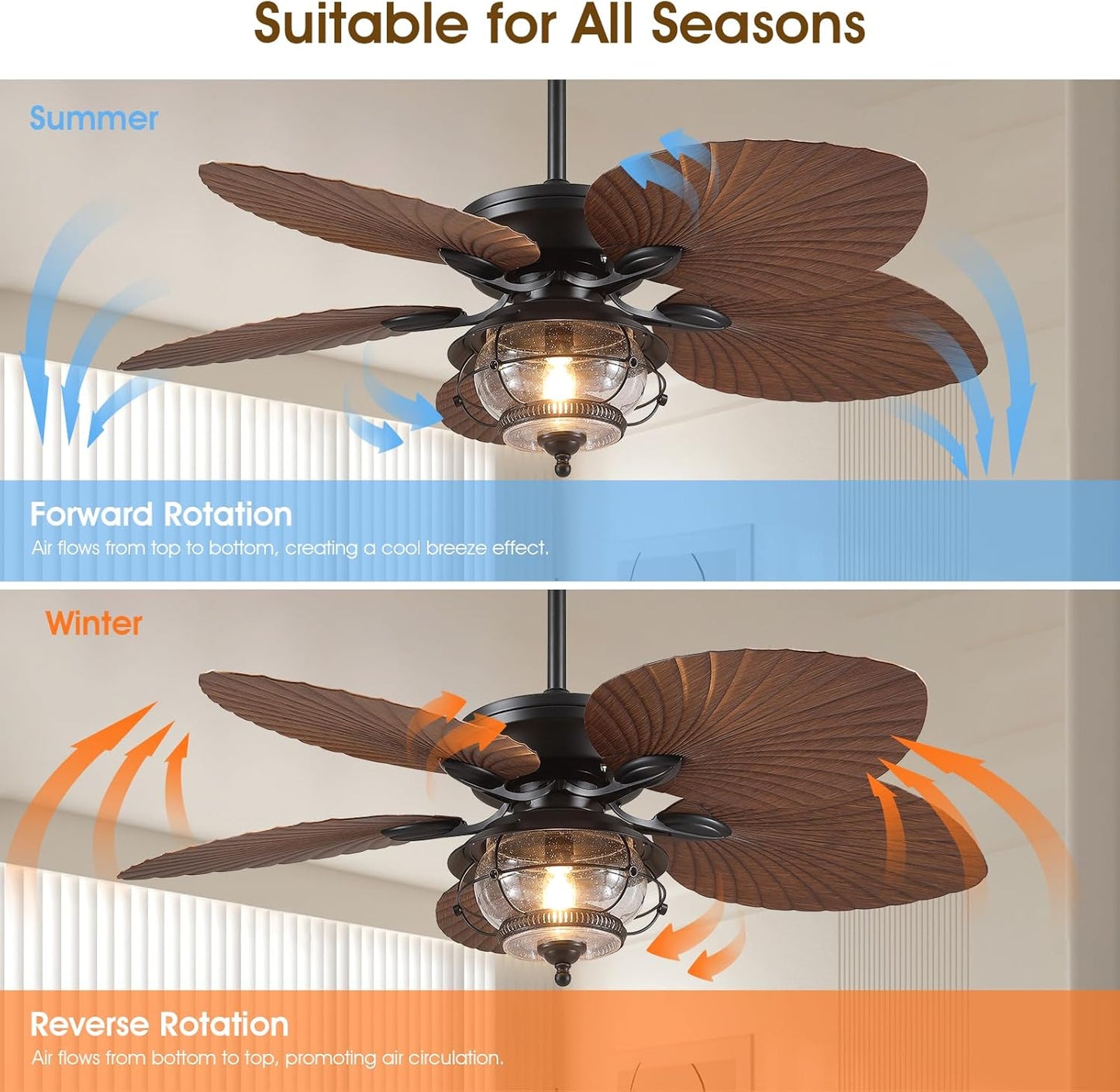 Wiviniya Ceiling Fans with Lights and Remote/APP Control, 44 Inch Tropical Palm Leaf Ceiling Fan with LED Lights, Outdoor Ceiling Fans for Patios Porch, Reversible Quiet Motor, Dimmable, Light Brown