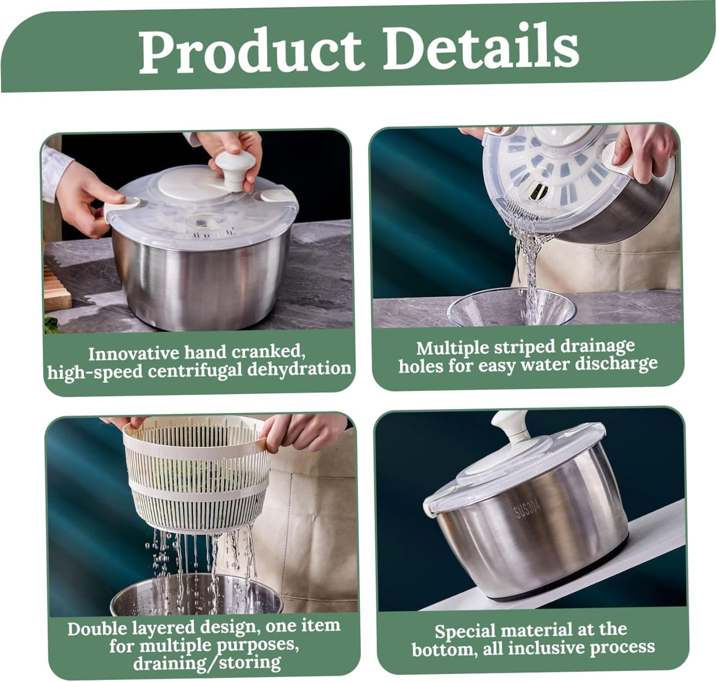 Salad Spinner 5L Dual Layer Stainless Steel & PP Lettuce Spinner with Lid & Rotating Handle Multi-Purpose Quick Dry Fruit and Vegetable Wash for Kitchen, Salad, Lettuce