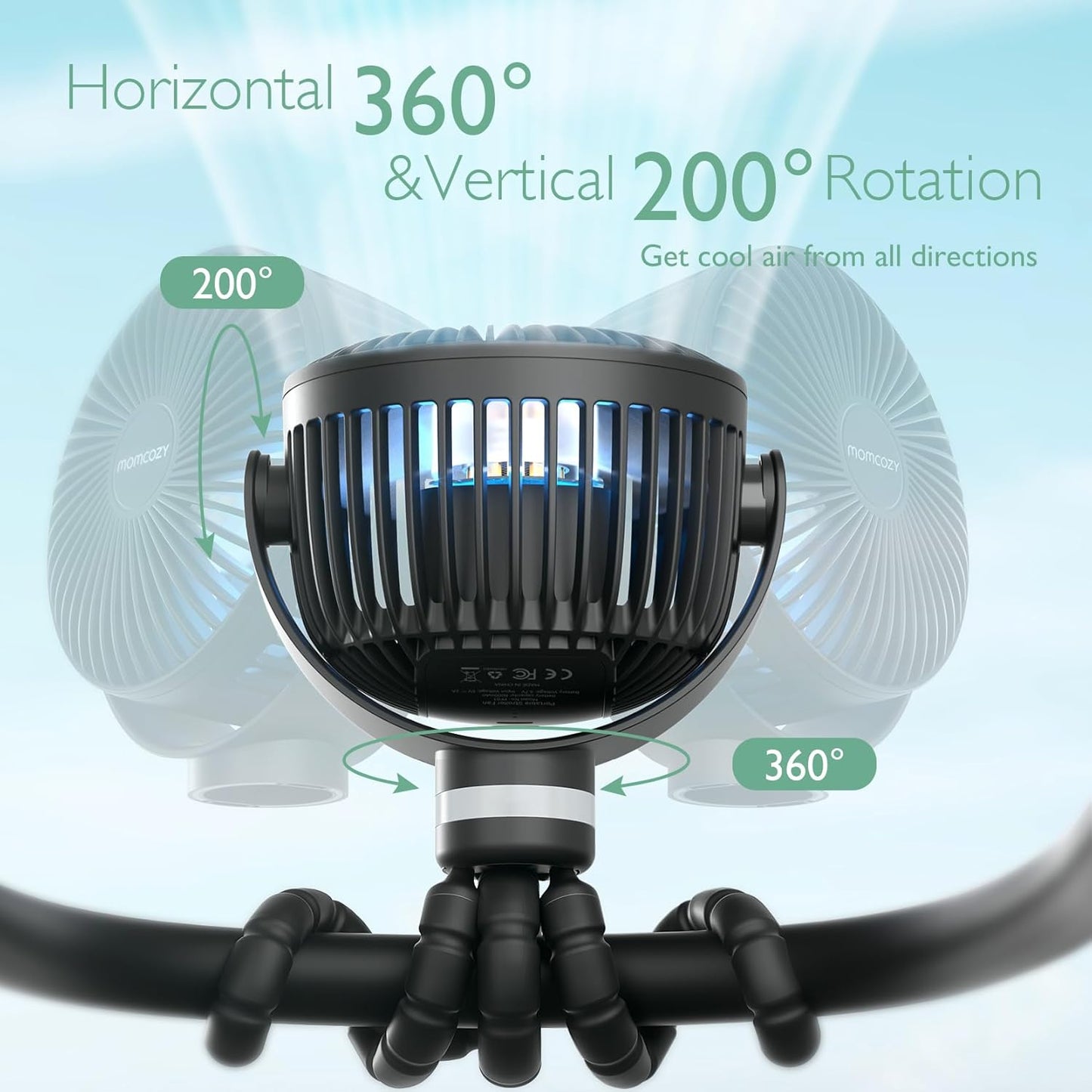 Momcozy Portable Stroller Fan, 27H Ultra-long Battery Life, Detachable 4 Speed 360°Rotate, LED Night Light with 2 Modes, USB Rechargeable and Handheld Cooling Fan for Travel, Car Seat