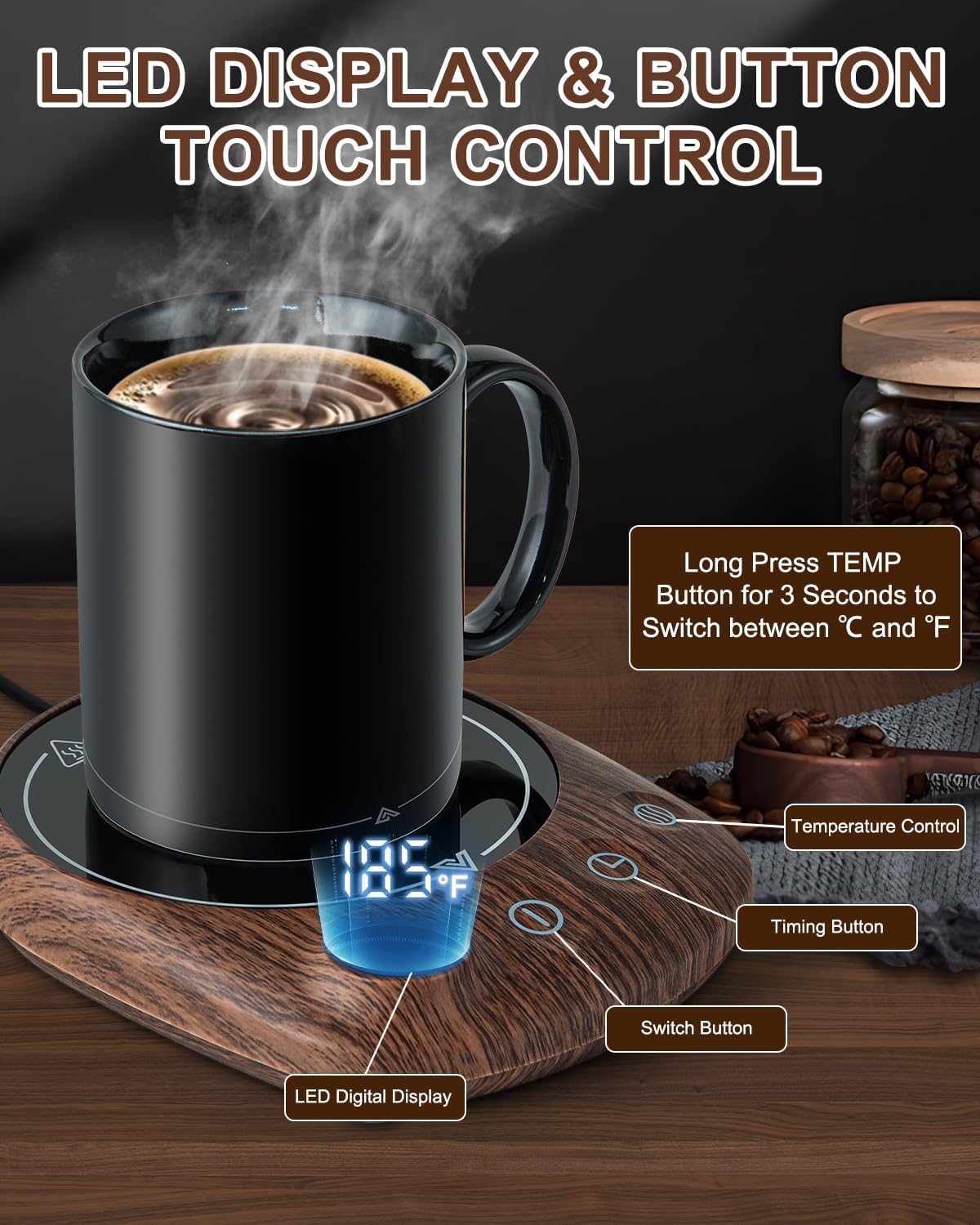 MYMULIKE Mug Warmer, Coffee Mug Warmer for Desk with 4 Temperature Settings (55℃/65℃/75℃/85℃), Coffee Warmer with Auto Shut Off, 1-12 Hour Timer, Desk Accessories for Office/Home