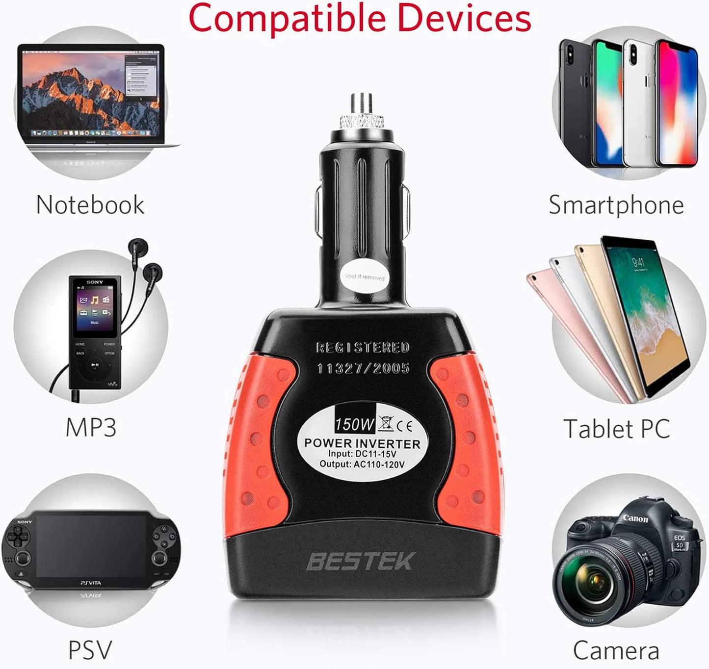 BESTEK 150W Power Inverter 12V to 110V Voltage Converter Car Charger Power Adapter with 3.1A Dual USB Charging Ports