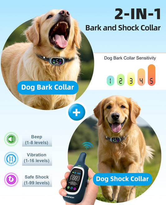 2-in-1 Dog Shock Collar and Bark Collar for Dogs – 3300FT Dog Training Collar with Remote, IP67 Waterproof e Collar with Anti-Bark/Beep/Vibration/Shock Modes for Small Medium Large Dog(8-120Lbs) - PuriLite