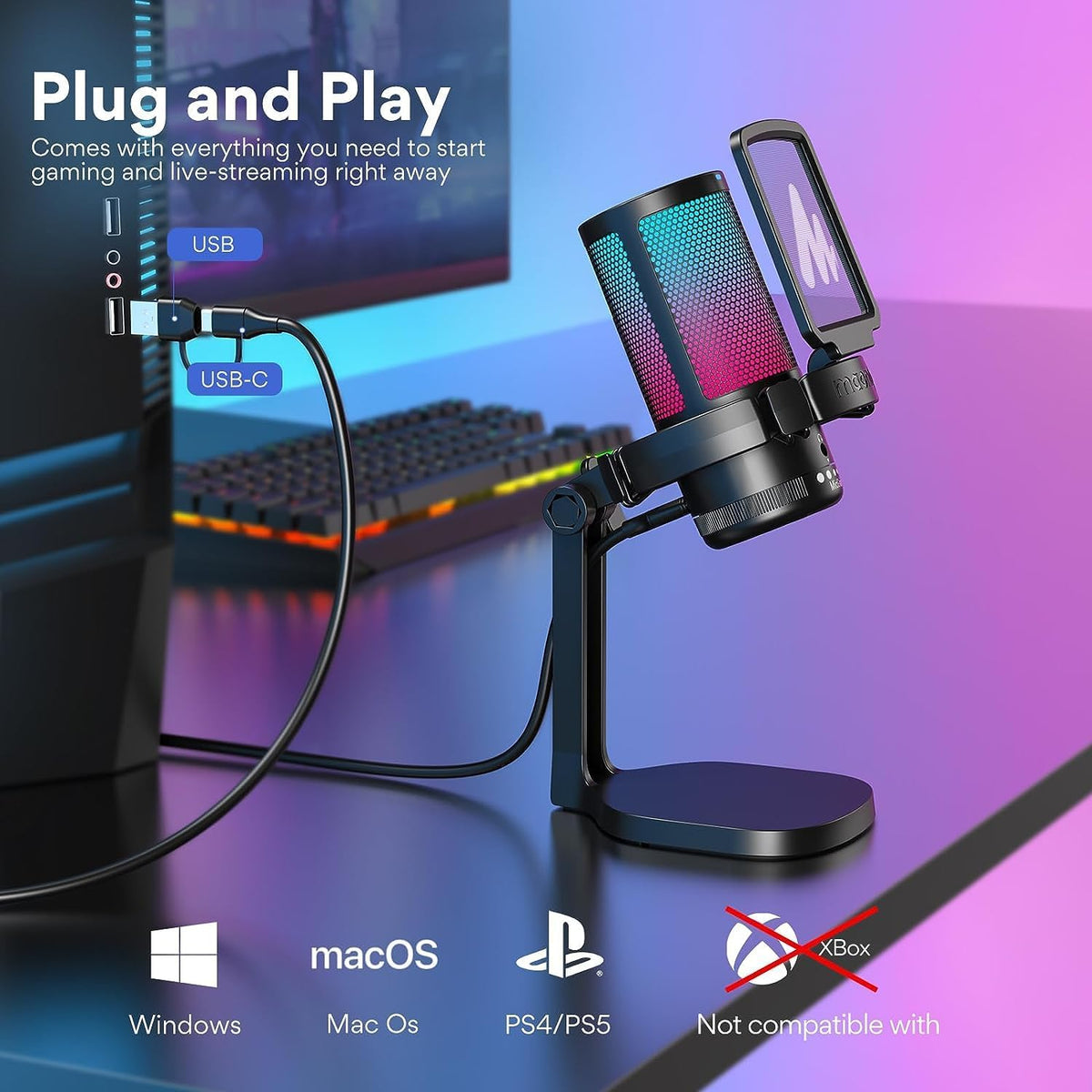 MAONO USB Gaming Microphone | Streaming Microphone | Podcast Microphone | Recording Microphone | RGB USB Microphone | Unidirectional Condenser Mic - PuriLite
