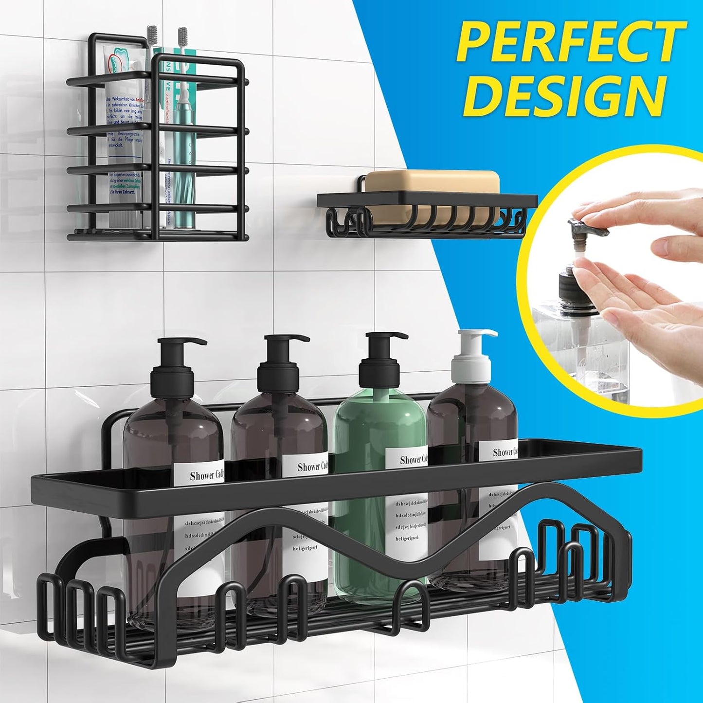 Coraje Adhesive Shower Caddy, 5-Pack Shower Shelves, Large Capacity Load Bearing 40 LBS Shower Organizer, No Drilling Shower Shelf, Rustproof Stainless Steel Bathroom Shower Storage, Black