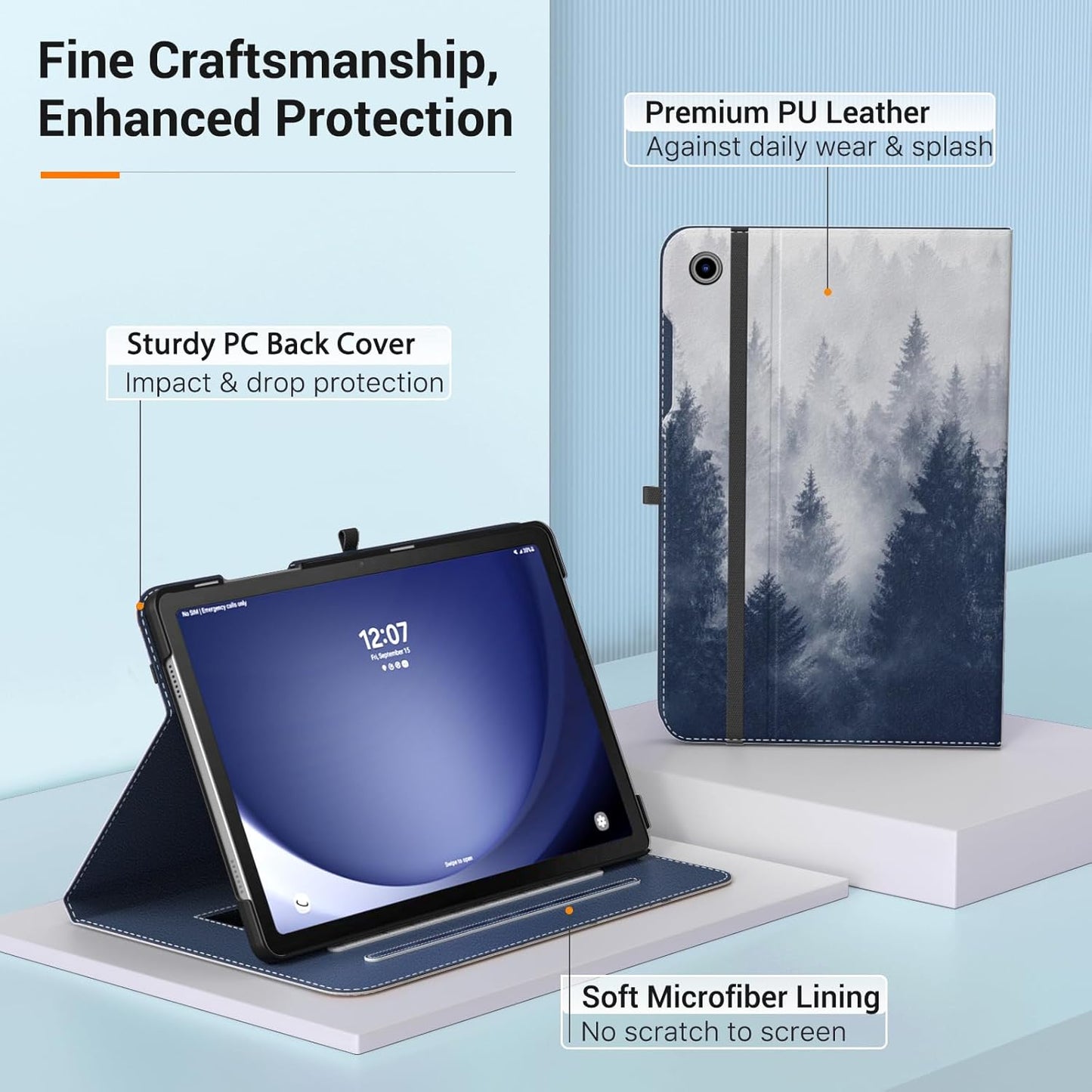 MoKo Case for Samsung Galaxy Tab A9 Plus 11" 2023 (SM-X210/SM-X216/SM-X218), PU Leather Multi-Angle Viewing Folding Stand Cover Case with Hand Strap, Front Pocket, Auto Wake/Sleep, Denim Blue & Brown