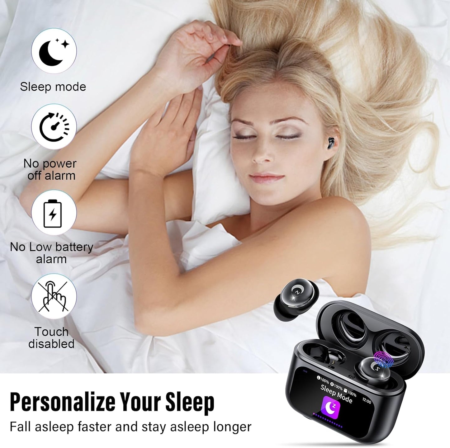 VEKJ Sleep Earbuds, Bluetooth 5.4 Mini Wireless Ear Euds with Multifunctional Touch Screen, 48H Bass Stereo Headphones with Sleep Mode/5 EQ Modes/ENC Noise Cancelling, IPX7 Earphones for iOS Android