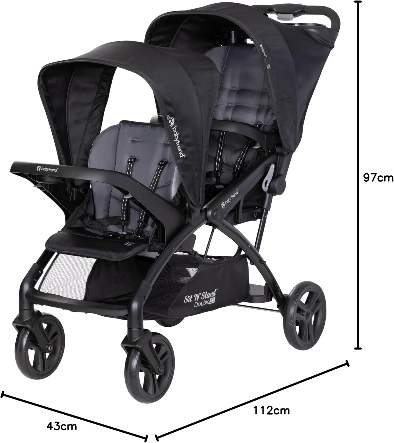 Baby Trend Sit n Stand Double 2.0 Stroller - Convertible Multi-Use Easy Fold Travel Toddler & Baby Tandem Double Stroller with Safety Harness and Storage Basket - Dash Black