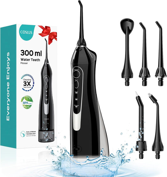 COSLUS Water Teeth Flosser: 300ML Cordless Electric Water Tooth Flossing Rechargeable IPX7 Waterproof Portable Travel Flossers Set for Teeth