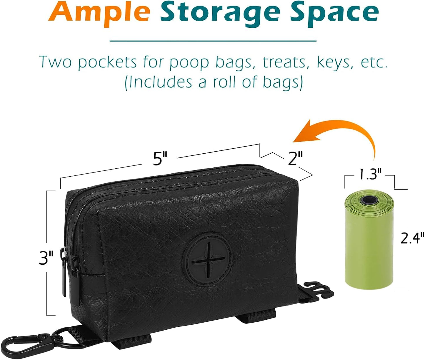PetBonus Waterproof Dog Poop Bag Holder for leashes, Portable Pet Waste Bag Dispenser, 2 Pouches for Treat Holder and Walking Accessories, Fit All Leashes, Includes 1 Roll of Dog Poop Bags (Green)