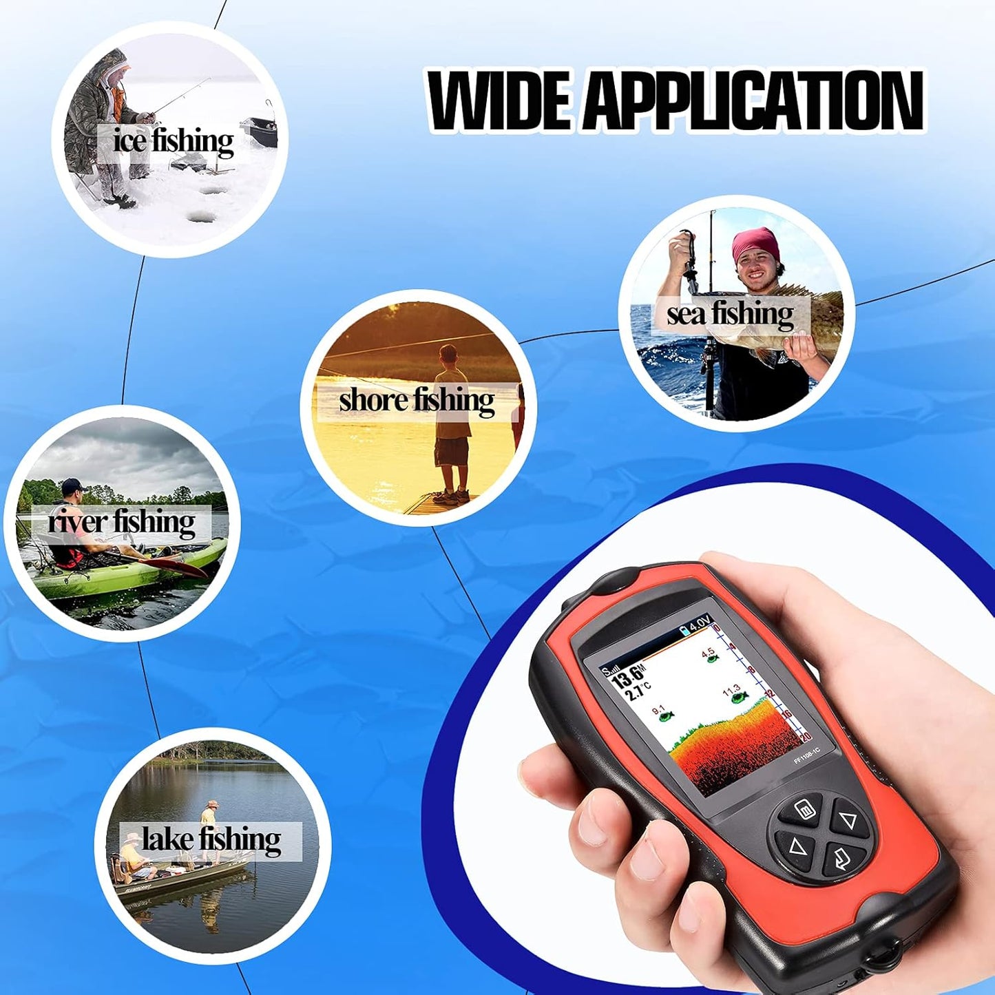 Atibin Handheld Wired Fish Finder Kayak Portable Display Depth Finder Boat Sonar Fish Finders Transducer Sensor LCD Screen