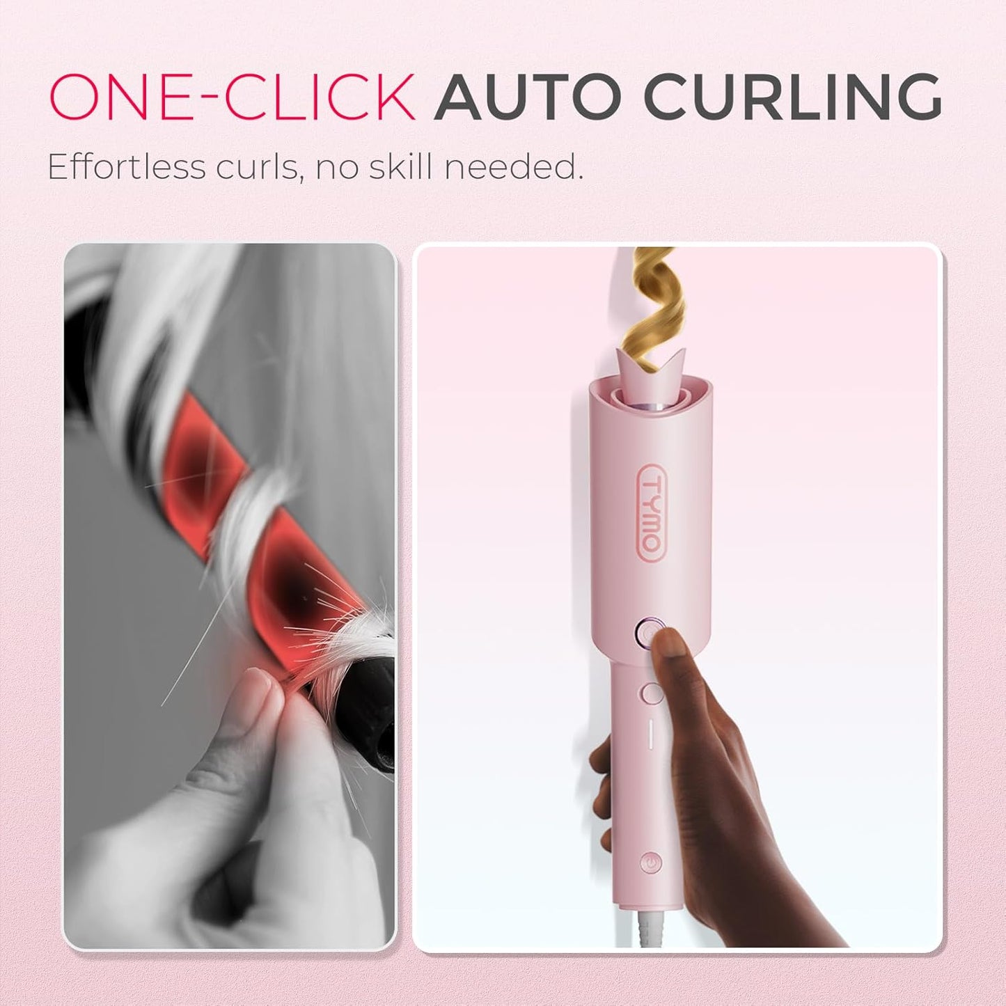 TYMO CURLPRO Automatic Rotating Curling Iron - Beach Waves Curling Wand, Portable Hair Curler, 500 Million Ionic, Dual Voltage & Lightweight for Travel, Ceramic Coating, Pink 1 inch