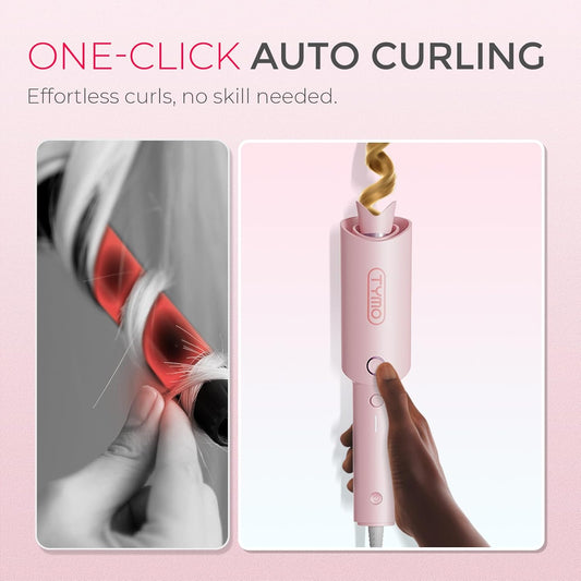 TYMO CURLPRO Automatic Rotating Curling Iron - Beach Waves Curling Wand, Portable Hair Curler, 500 Million Ionic, Dual Voltage & Lightweight for Travel, Ceramic Coating, Pink 1 inch