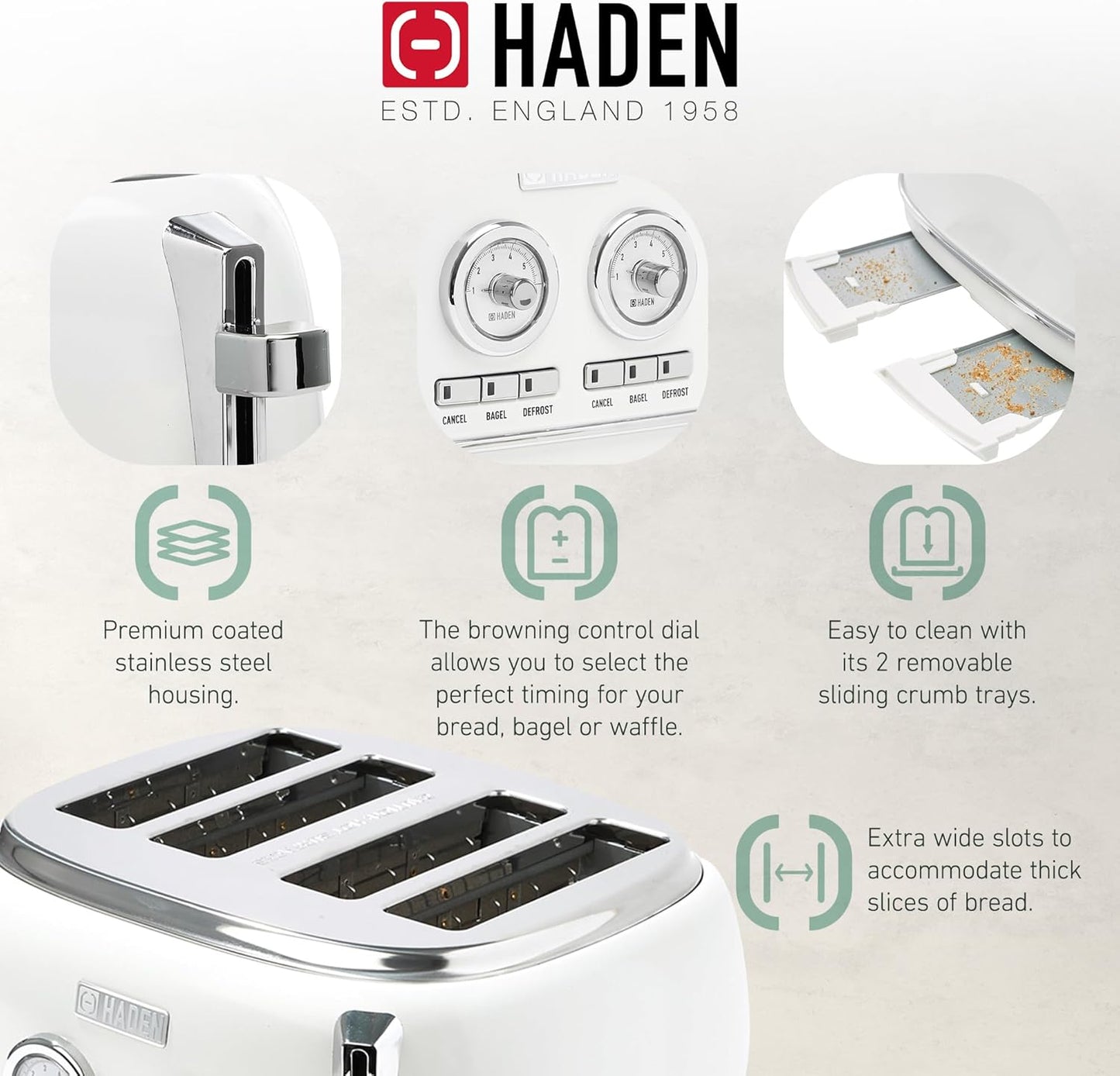 Haden Dorset 75083 Stainless Steel 1500W Retro Toaster 4 Slice Wide Slot w/Removable Crumb Tray and Settings, Black/Copper Toasters w/Adjustable Browning Control, Smart Toaster
