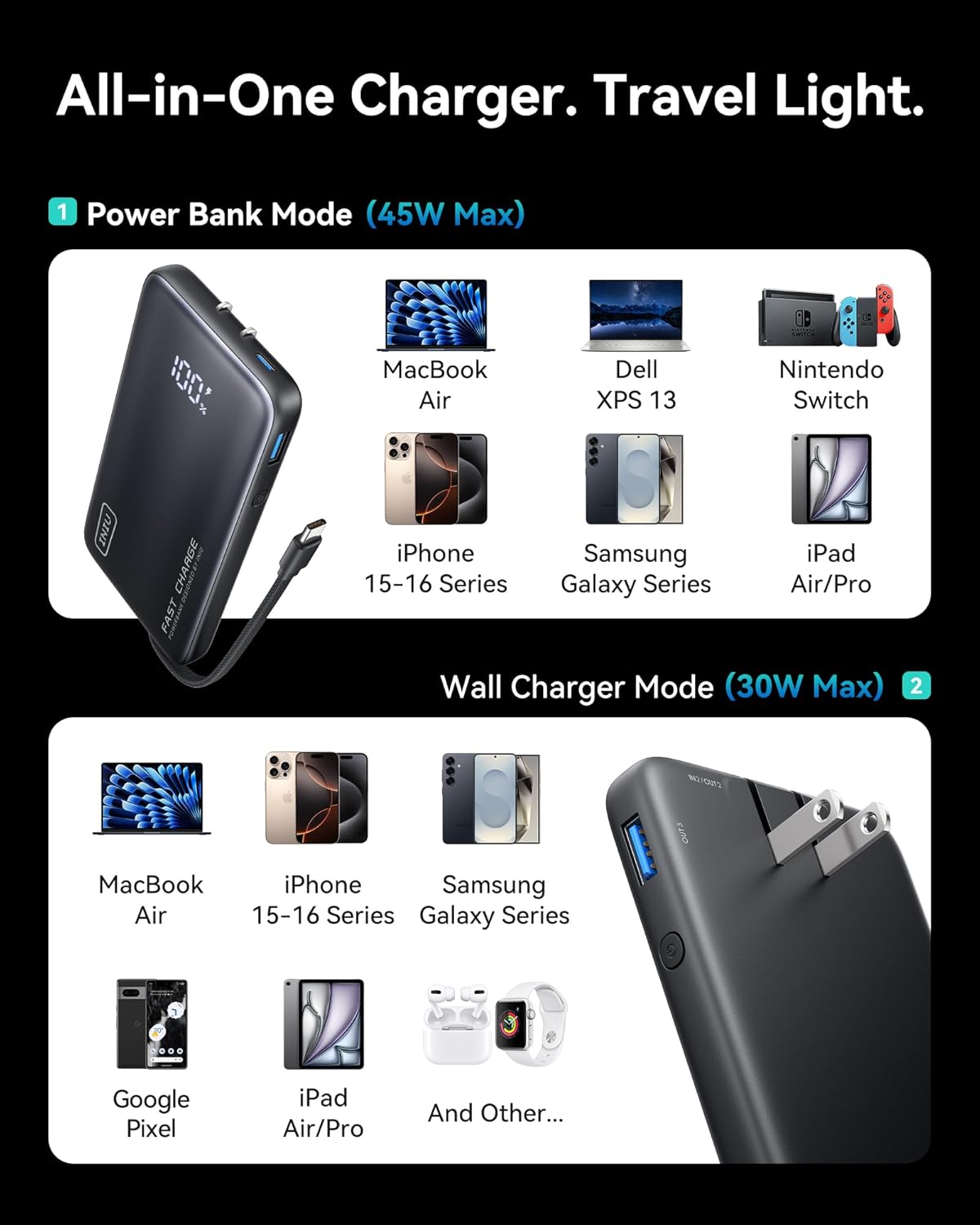 INIU 3-in-1 Portable Charger, Slim 10000mah Power Bank with Built-in USB C Cable and Foldable AC Plug, 45W PD Fast Charging Battery Pack, Travel Charger for iPhone 16 15 Samsung S23 S22 Google etc