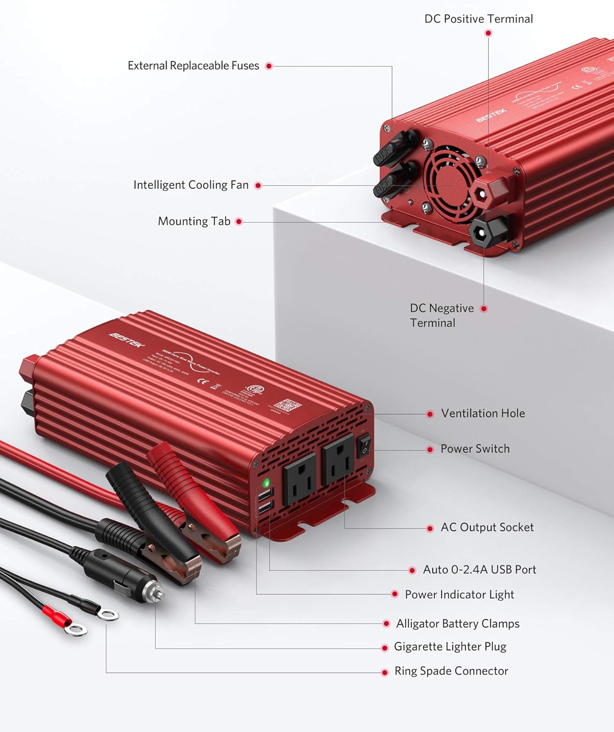 BESTEK 500W Pure Sine Wave Power Inverter DC 12V to AC(2 Outlets) 110V Car Charger Plug Inverter Adapter Converter with 4.2A Dual USB Charging Ports, ETL Listed