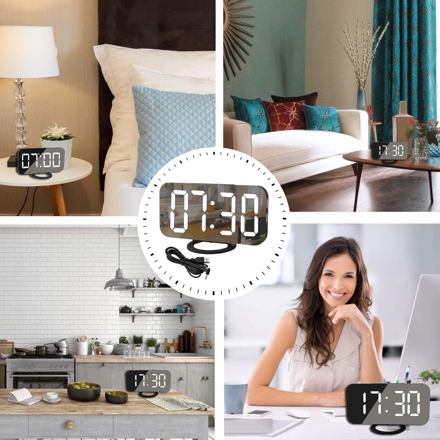 SZELAM Digital Alarm Clock,LED and Mirror Desk Clock Large Display,with Dual USB Charger Ports,3 Levels Brightness,12/24H,Modern Electronic Clock for Bedroom Home Living Room Office - Gold