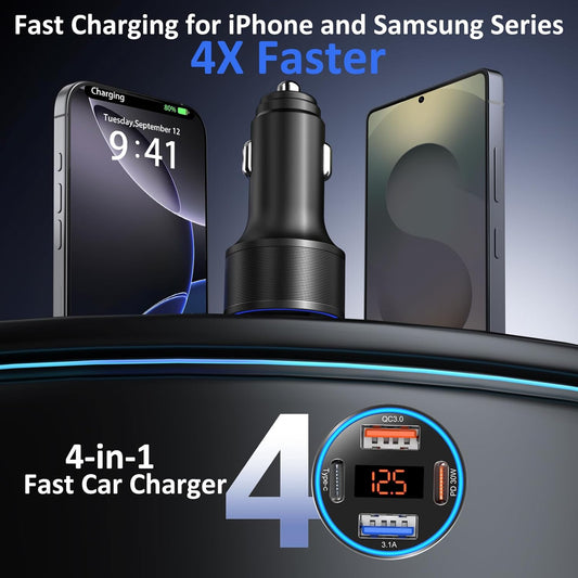 USB C Car Charger, Bangfun 4-Port 65W Super Fast Car Phone Charger Dual 12V USB-C & USB-A Cigarette Lighter Adapter with Voltage Display for iPhone 17 16e 15 Pro Max Plus+5ft Type C Car Charger Cable - PuriLite