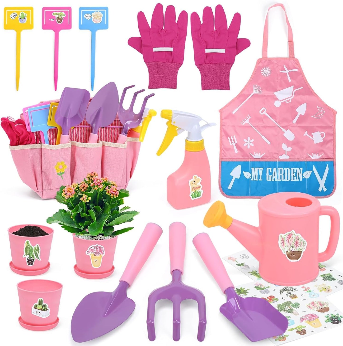 CUTE STONE Pink Kids Gardening Tool Set, Garden Toys W/ Shovel, Rake, Trowel, Apron W/Pockets, Garden Tote Bag, Watering Can, DIY Stickers, Outdoor Backyard Digging Gift Toys for Boys Girls