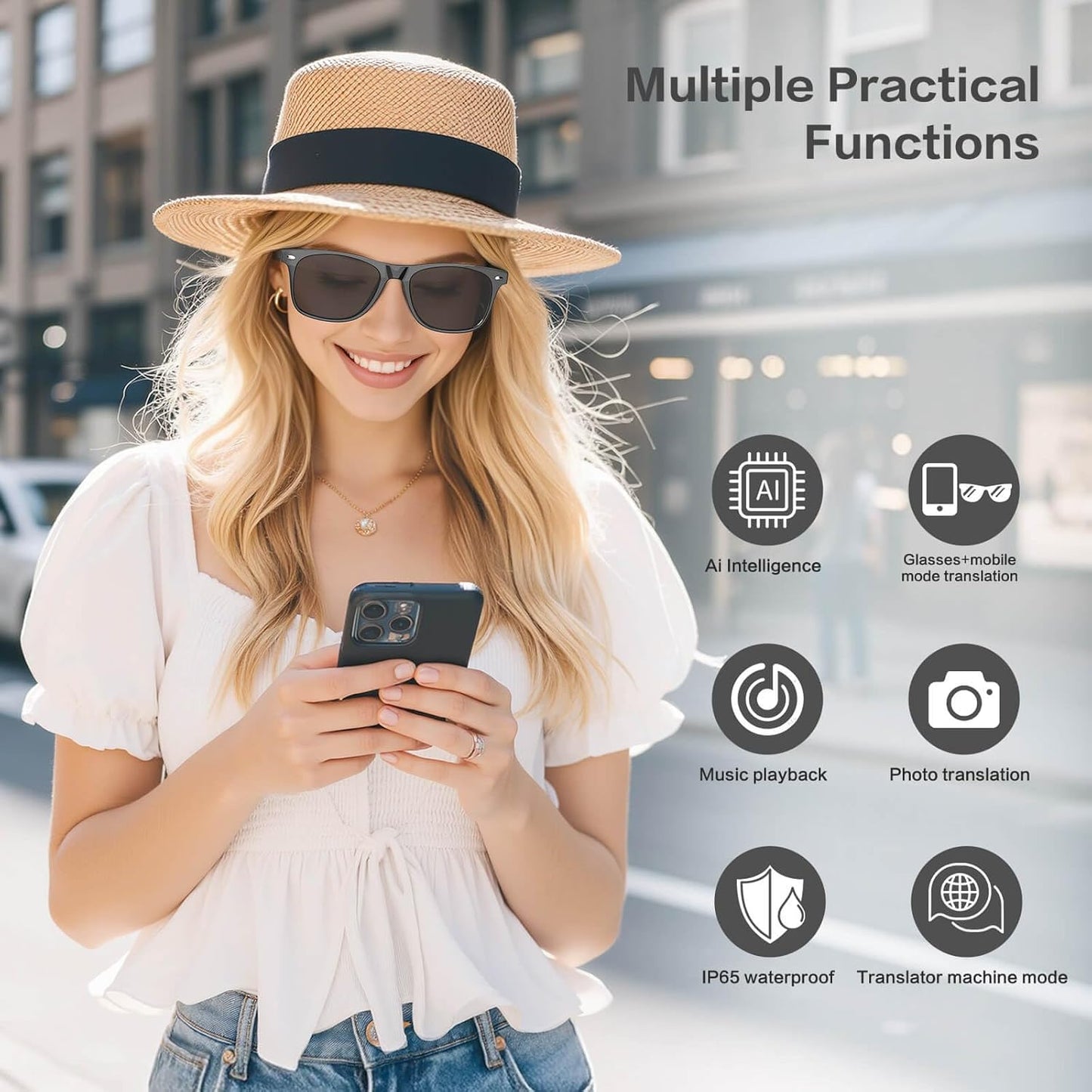 2025 AI Translation Smart Glasses for Men Women,7 Day Ultra-Long Standby,Anti-Blue Light/UV400,Bluetooth Glasses with 163 Translation,IP65 Waterproof,Multifunctional Sunglasses for Android iOS Black