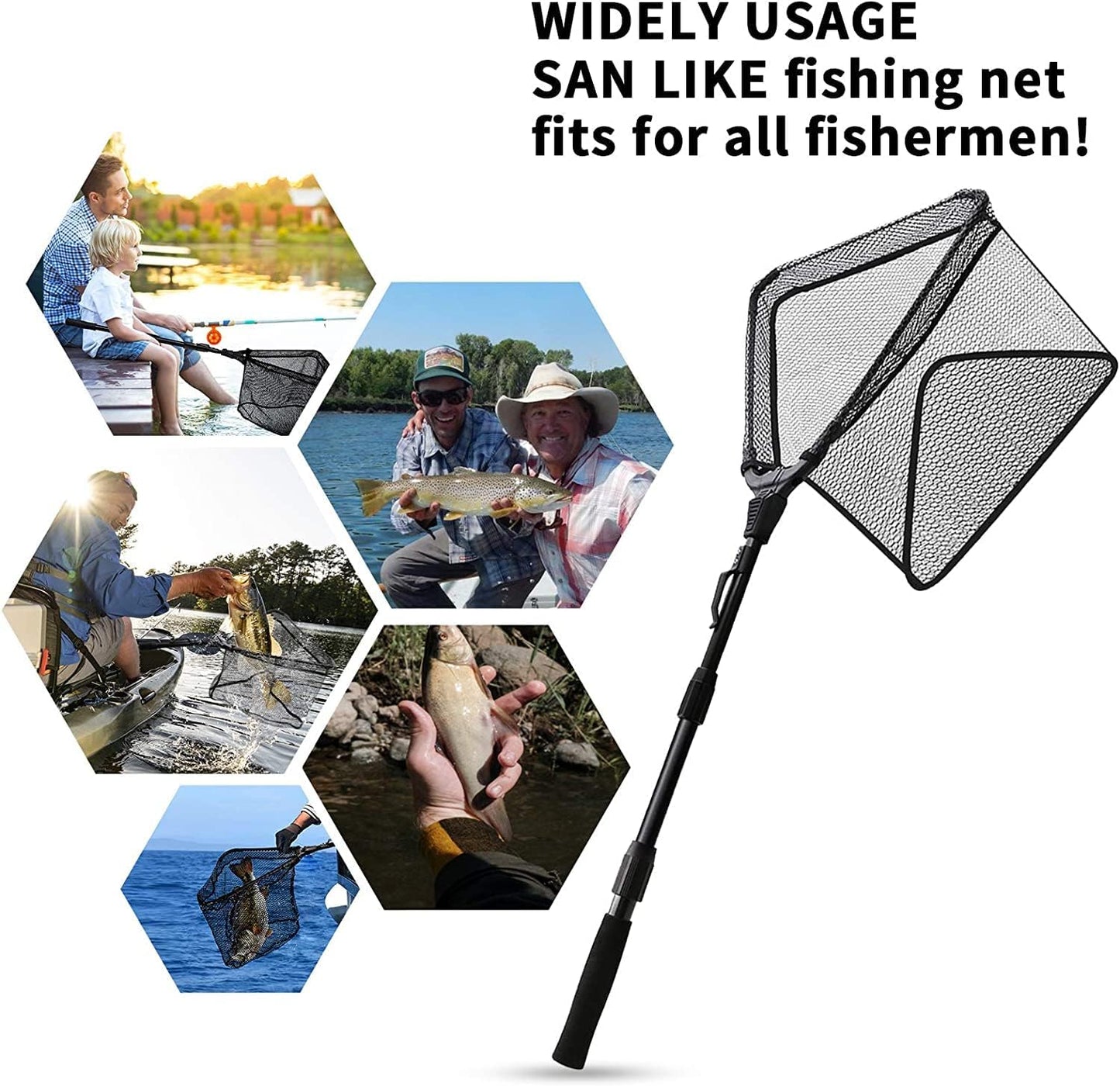 SAN LIKE Fishing Net Telescopic Landing Nets Folding Rubber Fish Net Rubber Coated Landing Net with Adjustable Sturdy Pole Handle for Saltwater Freshwater Bass Trout Fishing Easy Catch & Release