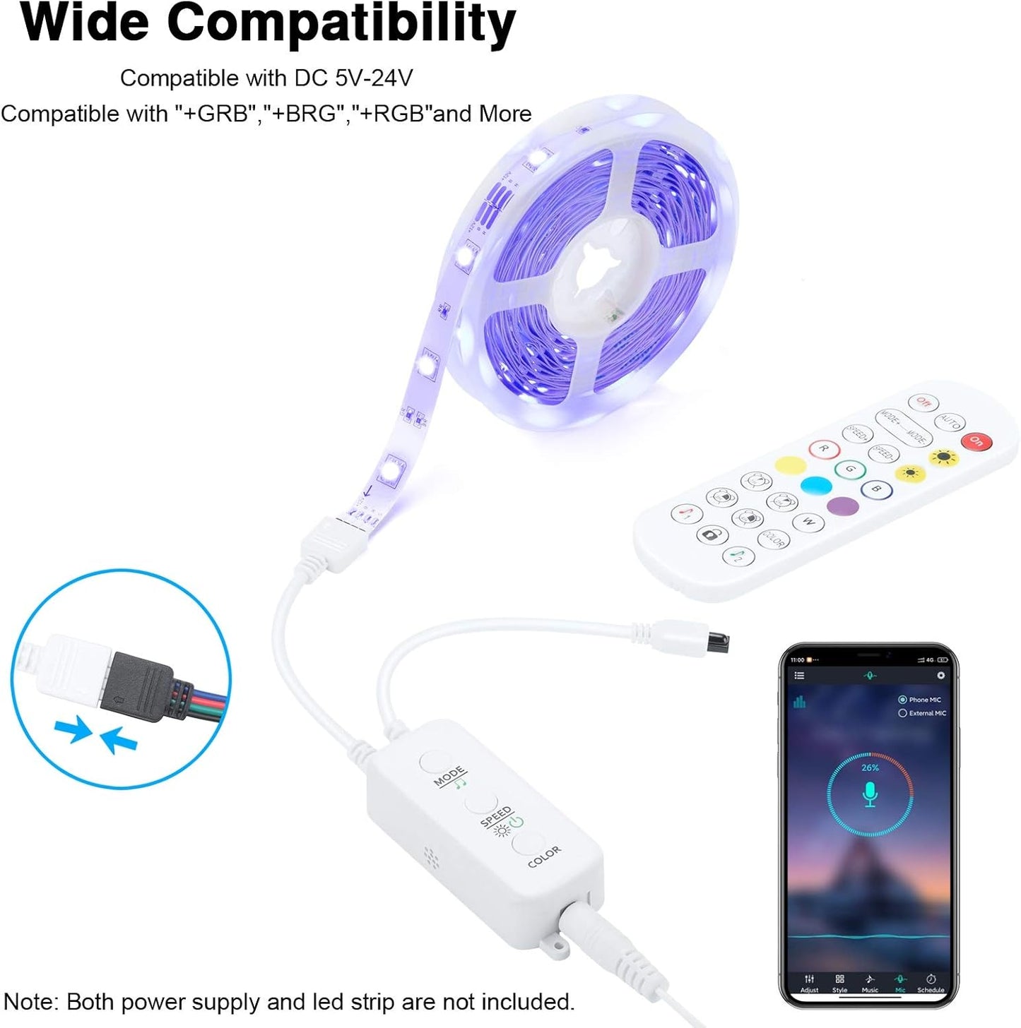 Purilite Select 2-Port RGB LED Strip Light Controller – Bluetooth App Control, Music Sync, Power Adapter Included