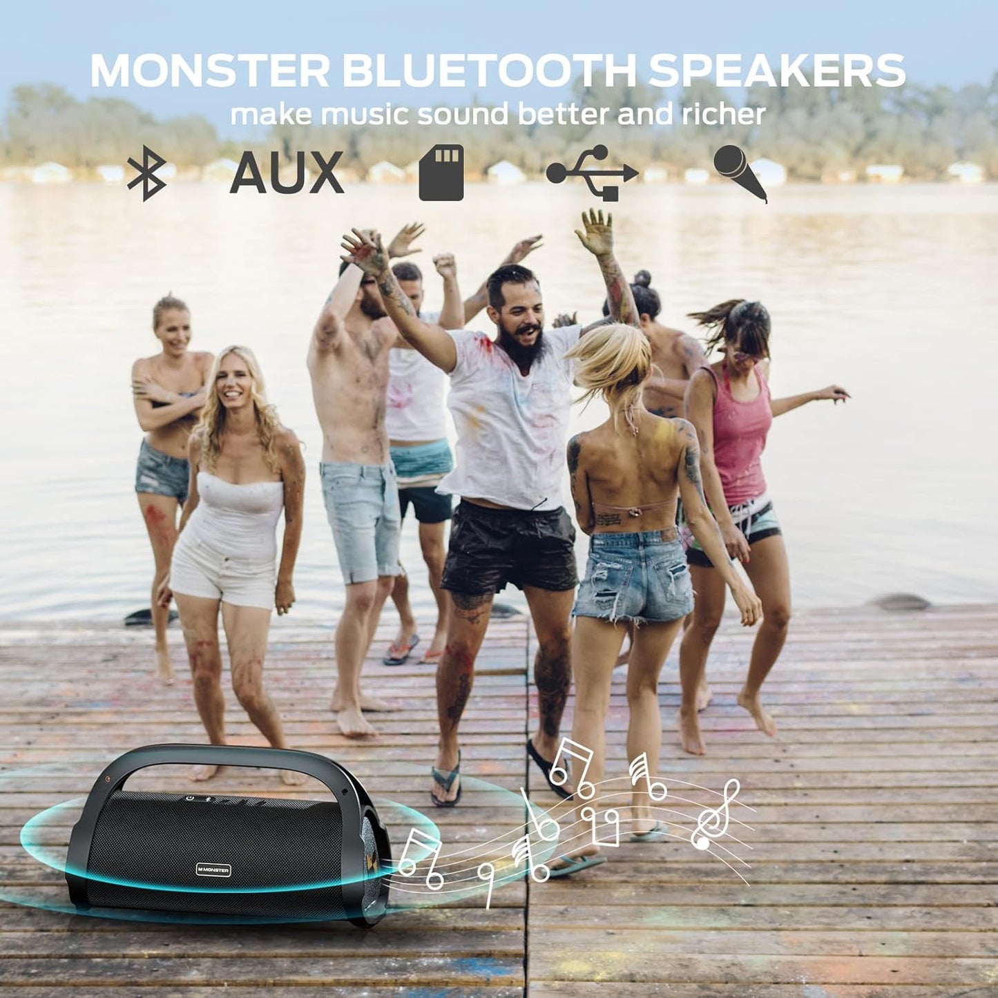 Monster Adventurer Max Bluetooth Speaker with Two Wireless Microphones, IPX7 Waterproof Outdoor Speakers with 100W Powerful Stereo Sound, Portable Bluetooth Speakers for Home, Camping, Gold