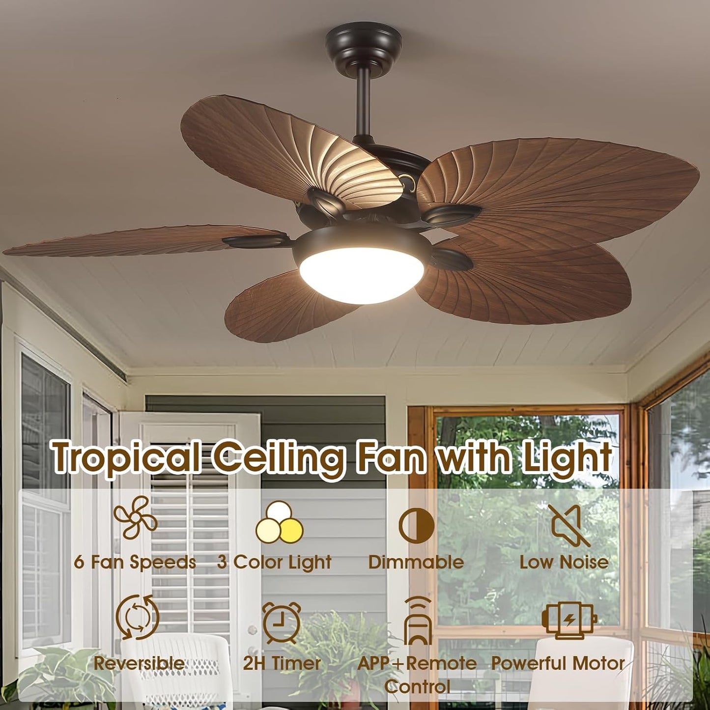 Wiviniya Ceiling Fans with Lights and Remote/APP Control, 44 Inch Tropical Palm Leaf Ceiling Fan with LED Lights, Outdoor Ceiling Fans for Patios Porch, Reversible Quiet Motor, Dimmable, Light Brown