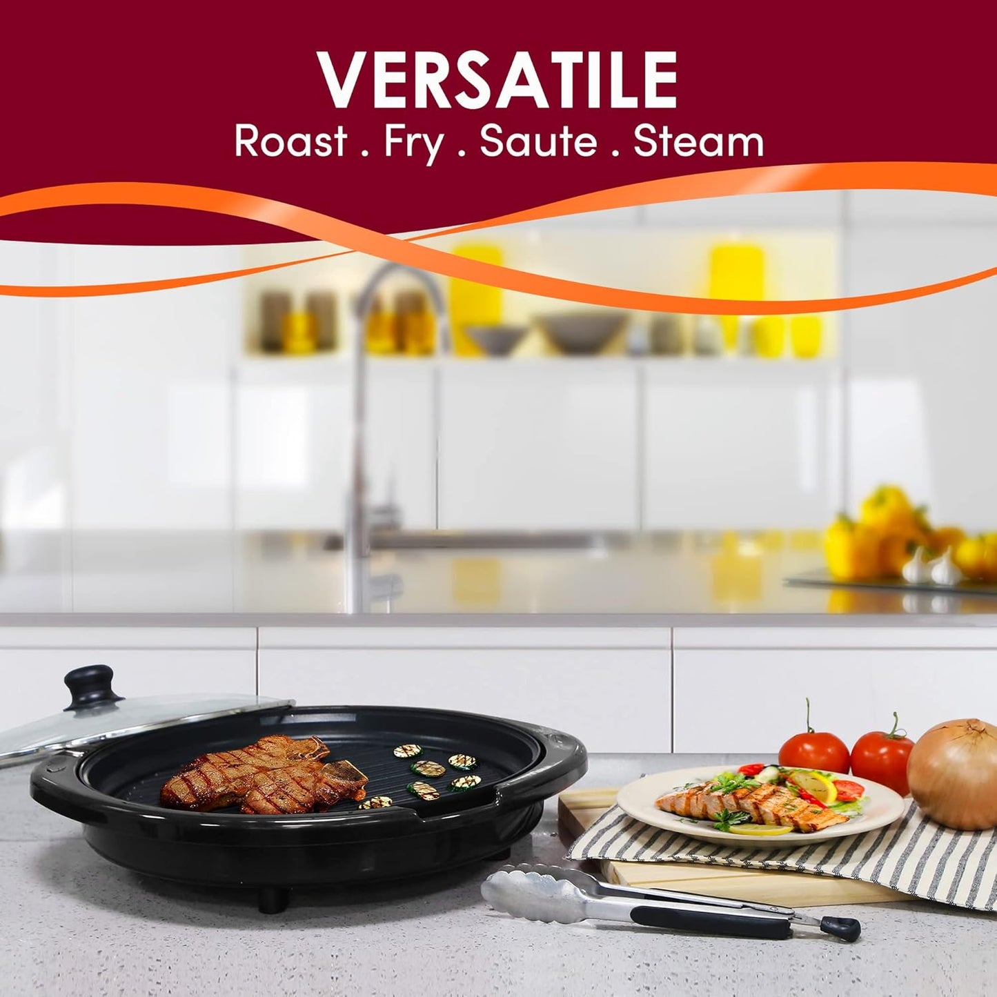 Elite Gourmet EMG6505G Smokeless Indoor Electric BBQ Grill with Glass Lid, Dishwasher Safe, PFOA-Free Nonstick, AdjCatable Temperature, Fast Heat Up, Low-Fat Meals Easy to Clean Design