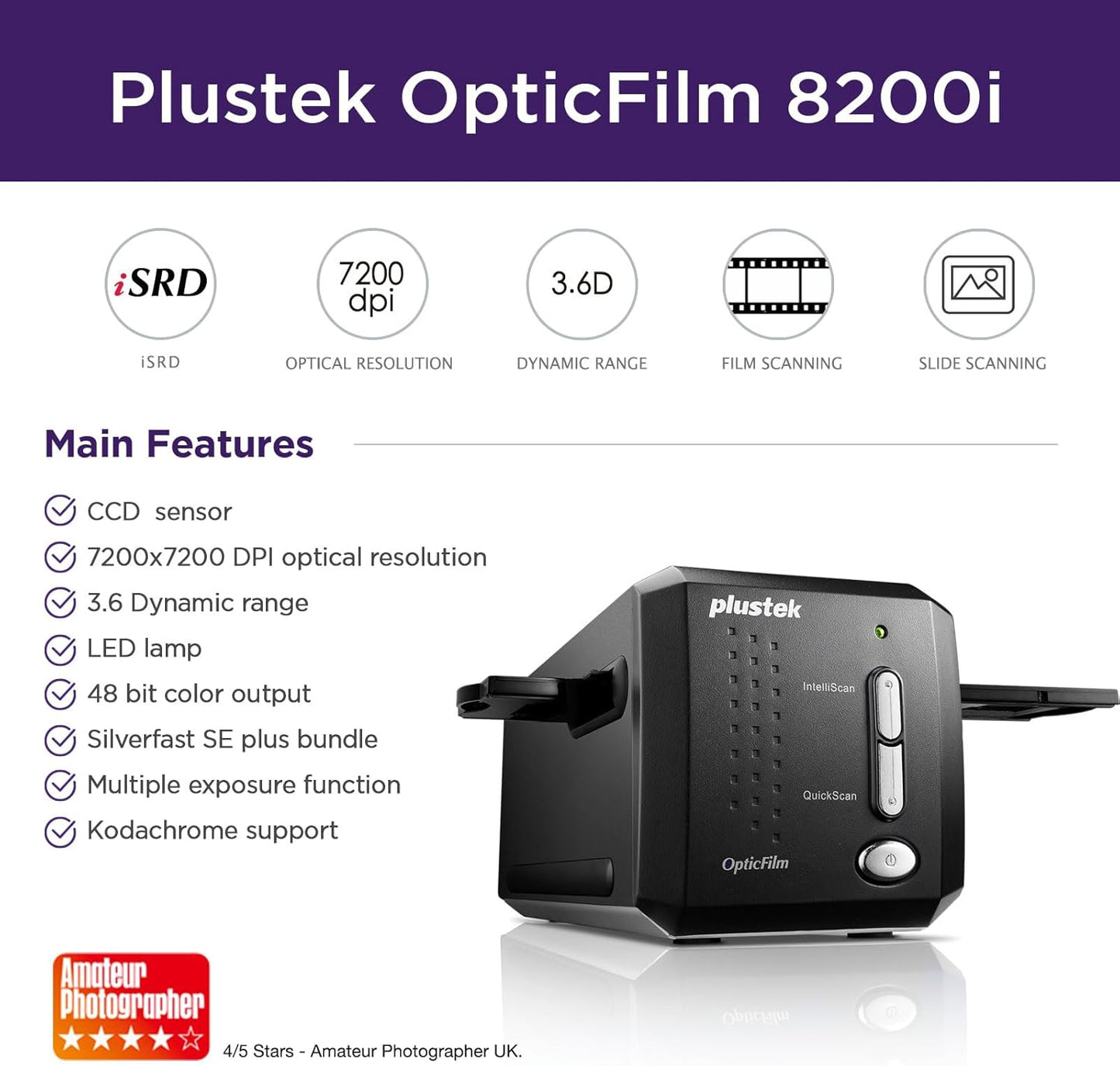 Plustek OpticFilm 8200i SE, 35mm Film & Slide Scanner. 7200 dpi / 48-bit Output. Integrated Infrared Dust/Scratch Removal. Bundle Silverfast SE Plus, Support Mac and PC.