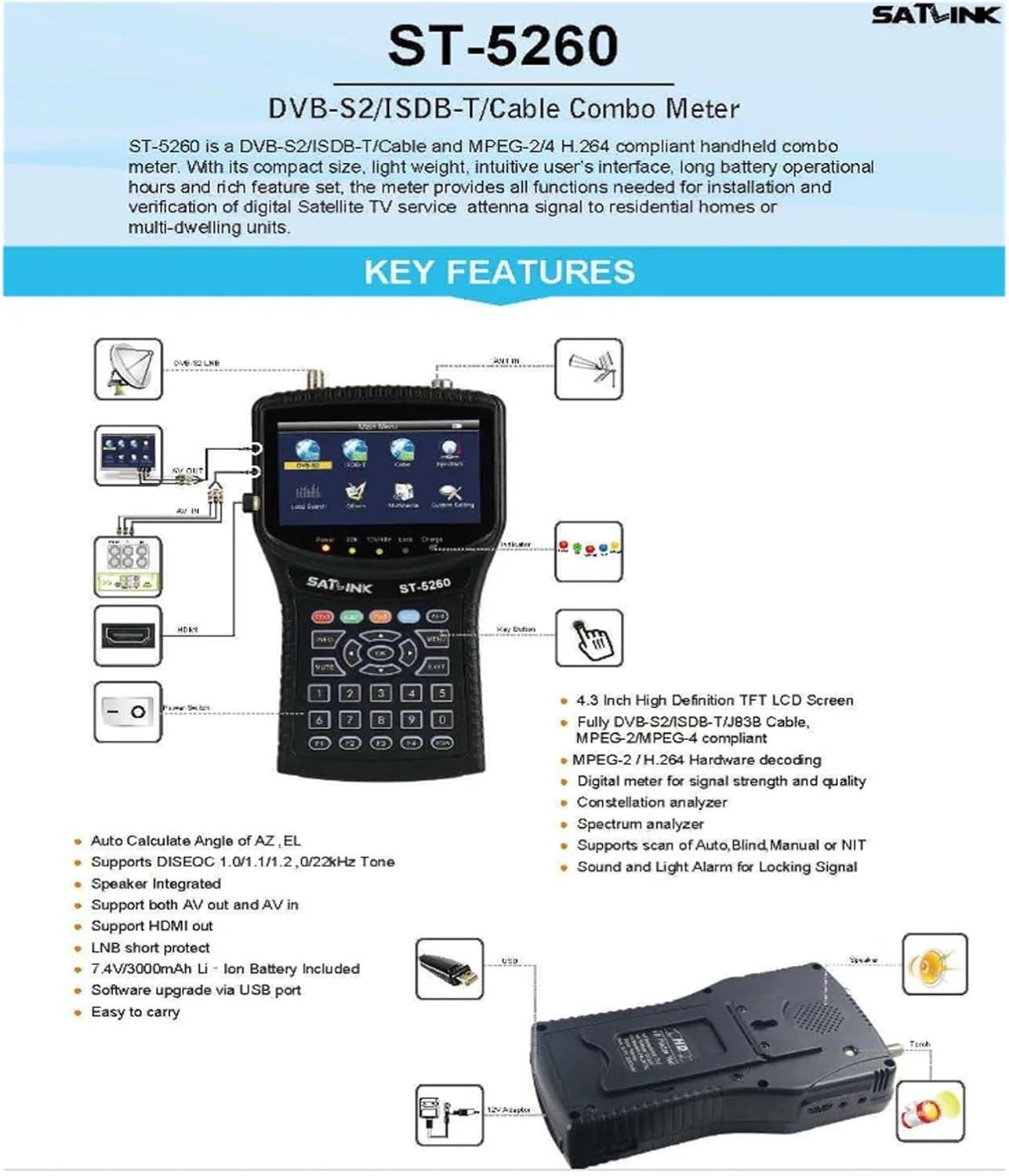 ST5260 Satellite Finder DVB-S2/ISDB-T/Cable Combo Signal Meter H.265 1080p 4.3inch St-5260