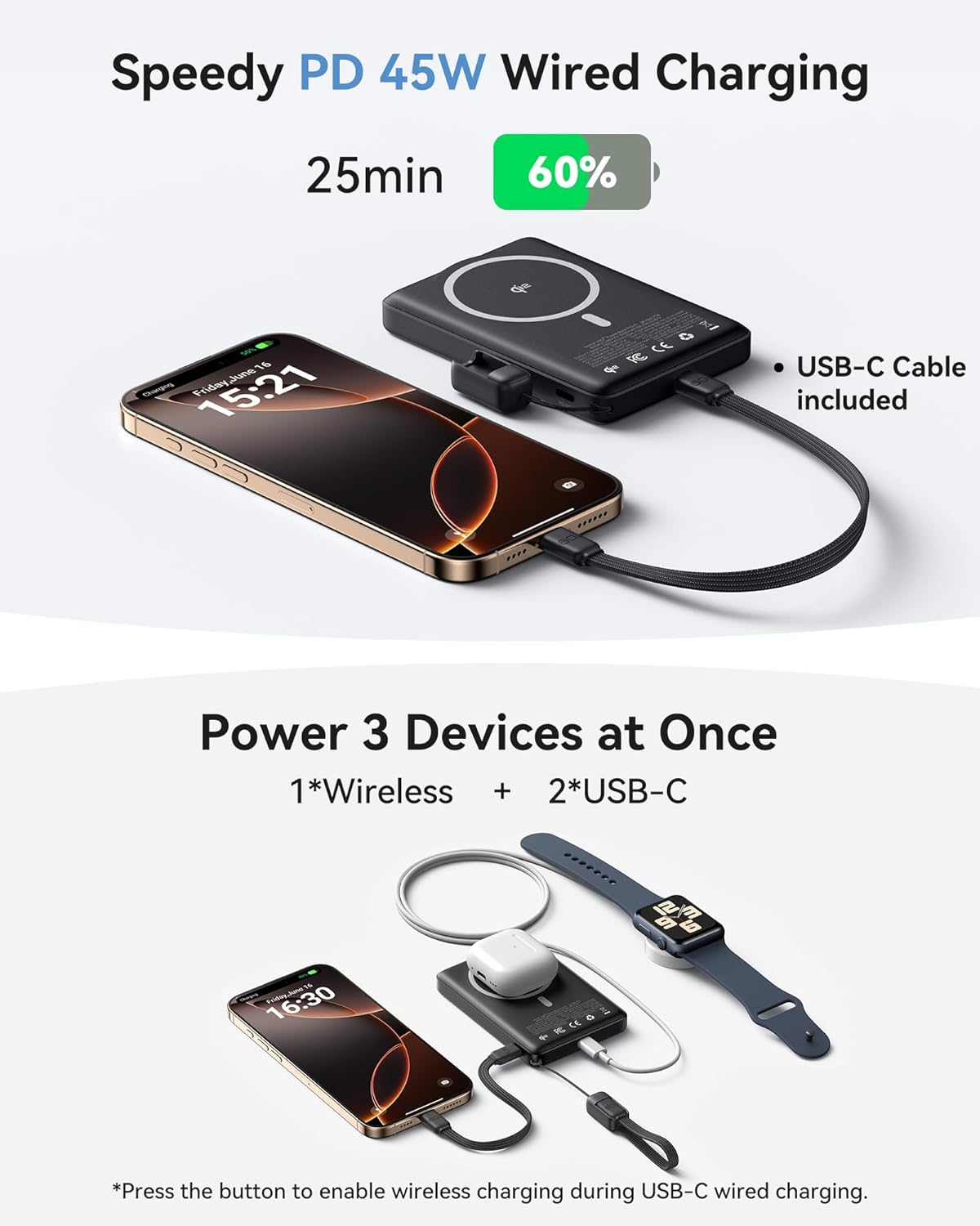 INIU Qi2 Magnetic Power Bank, Market's Slimmest 10000mAh Portable Charger with Foldable Stand for iPhone 16/15/14/13/12 Series